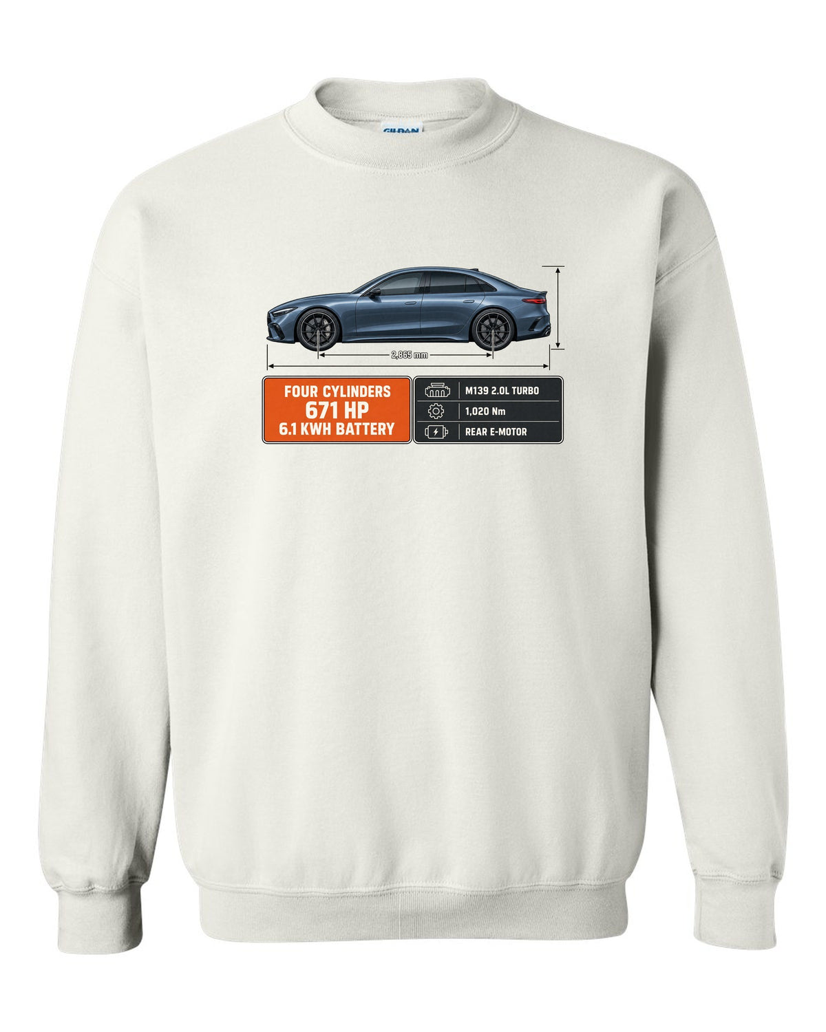 Mercedes-AMG C63 S E Performance W206 blueprint with dimension lines white crewneck front view with the design