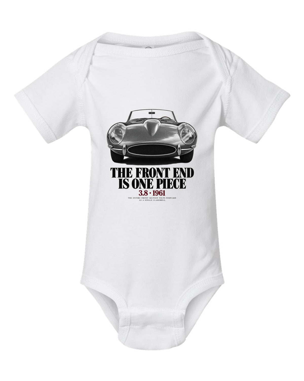 Jaguar E-Type Series 1 front end macro print white baby onesie front view with the design