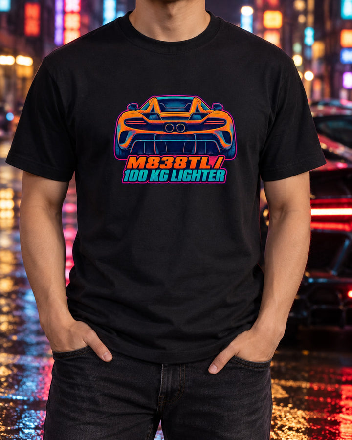 McLaren 675LT Flying Buttress Risograph Tee, Lightweight T-Shirt Black worn hero