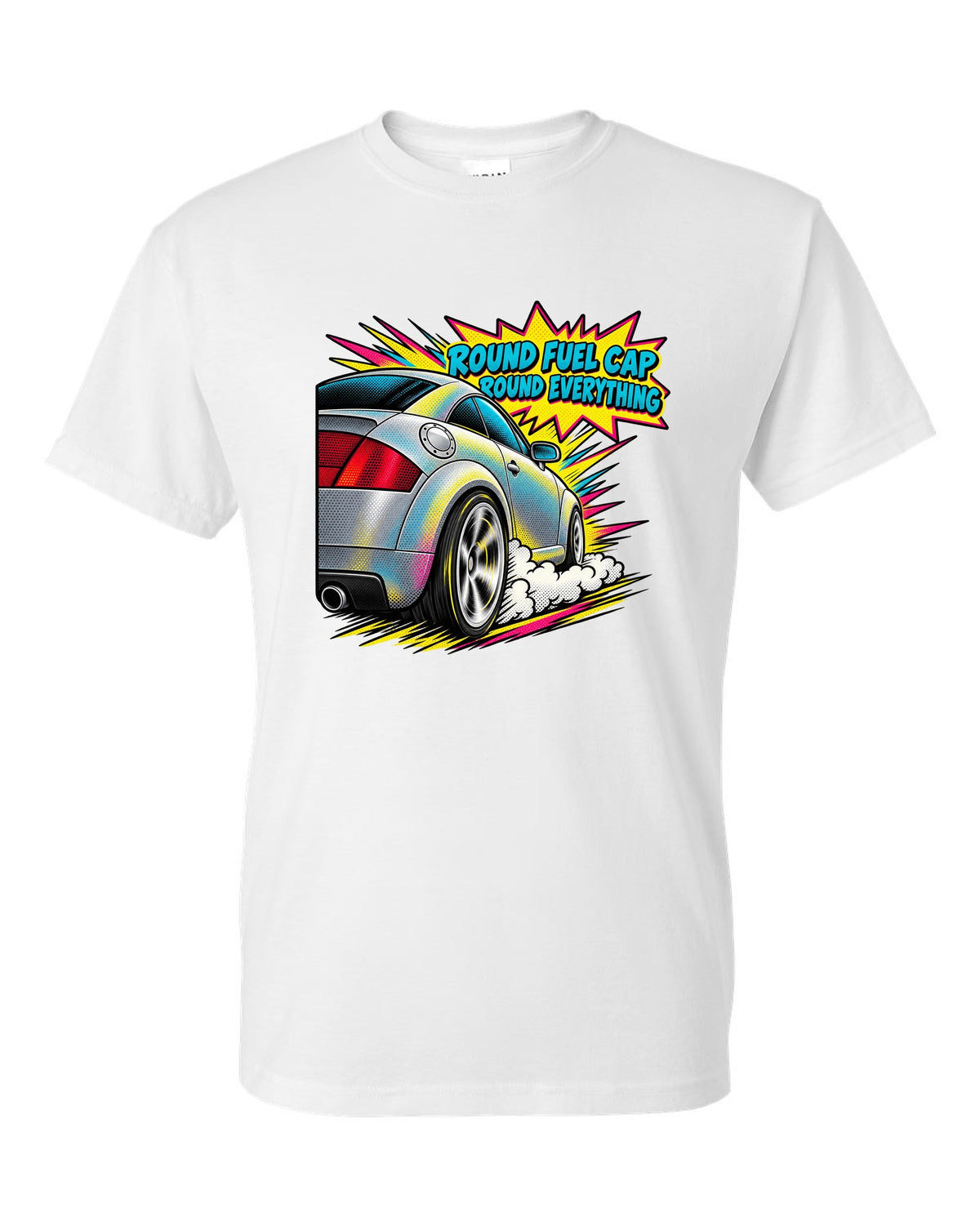 Comic halftone pop-art print of an Audi TT 8N with Round Fuel Cap text white t-shirt front view with the design