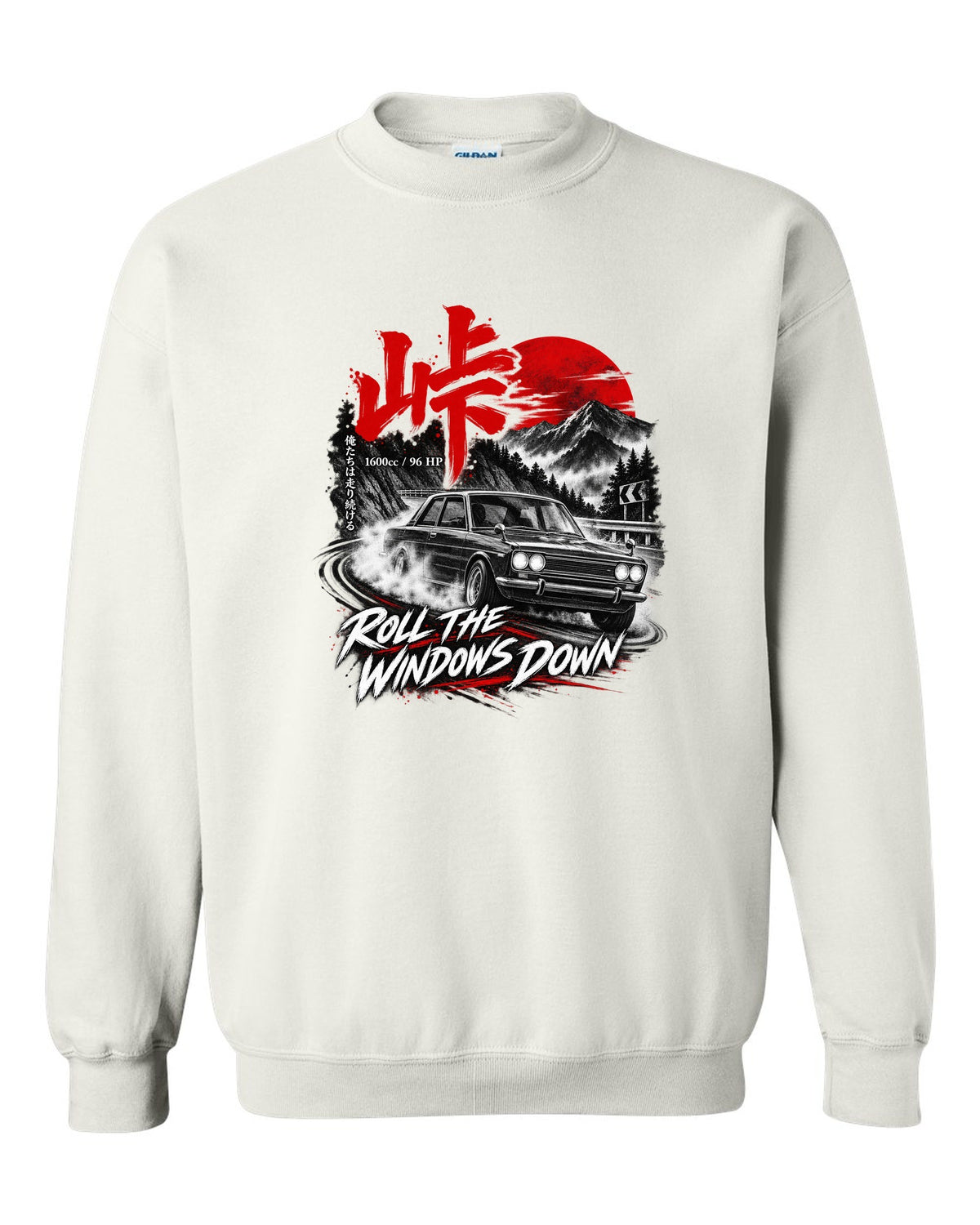 print of a Datsun 510 PL510 sedan on a mountain road at night with touge kanji white crewneck front view with the design