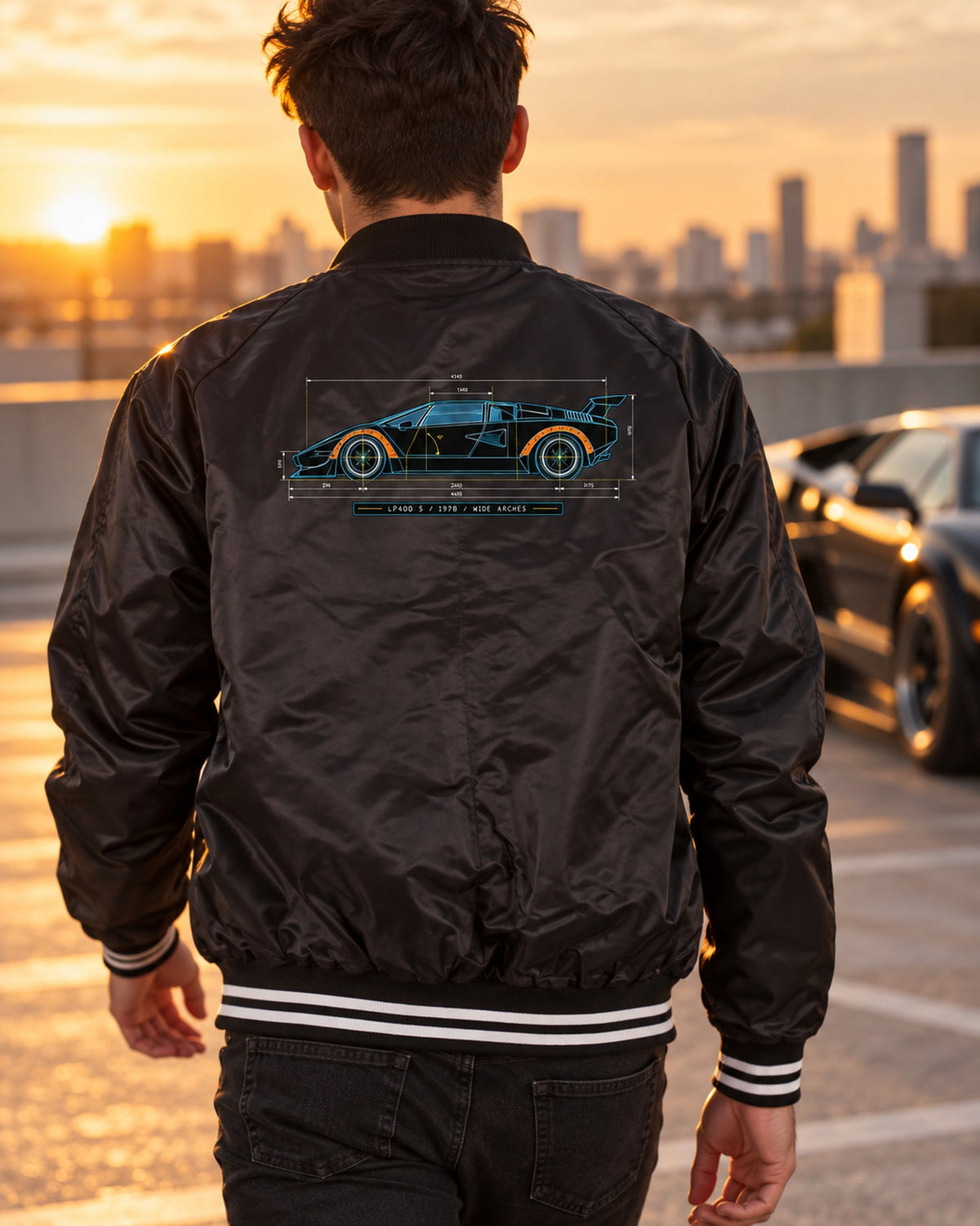Lamborghini Countach LP400 S Wide Arch Blueprint Shirt, 1978 Bomber Jacket Black worn hero