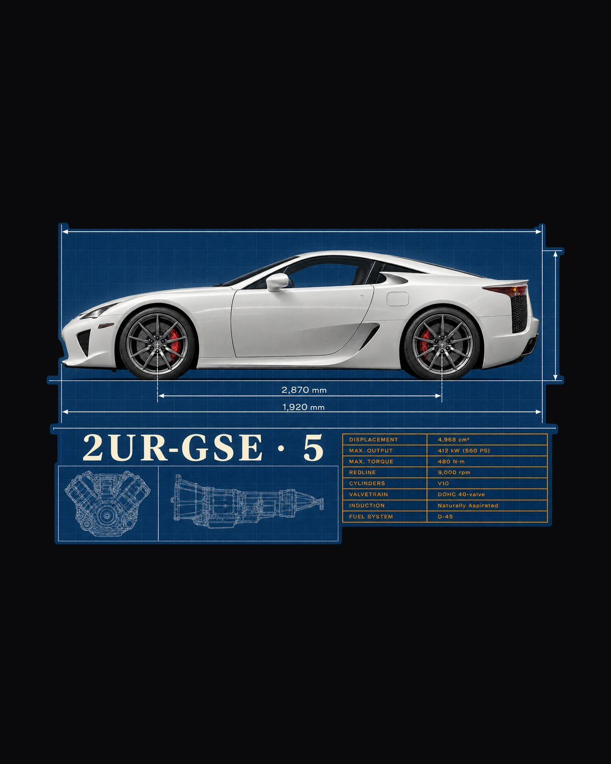 Lexus LFA10 Spec Poster Shirt, 552 HP Carbon Tub Tee design only