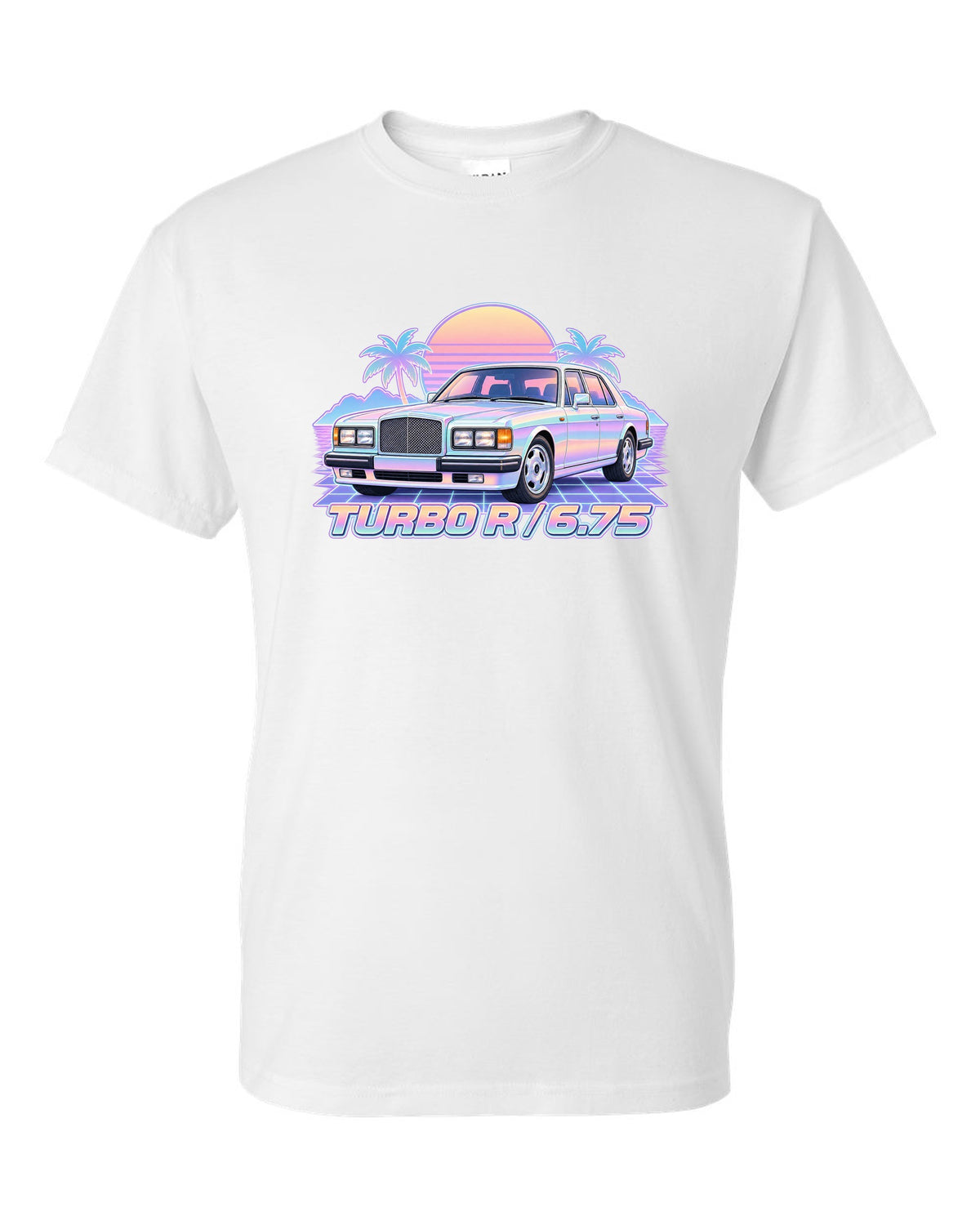 Pastel vaporwave illustration of a Bentley Turbo R front grille with TURBO R 6.75 lettering white t-shirt front view with the design