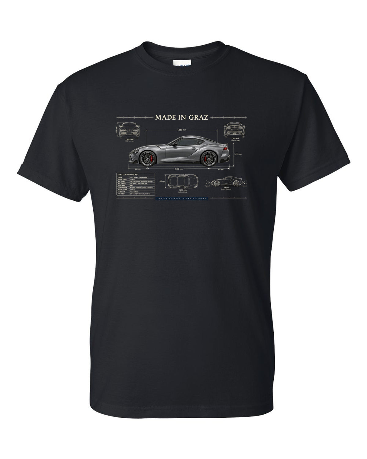 Steel blue Toyota GR Supra 3.0 with aero airflow callouts and 50:50 weight text black t-shirt front view with the design