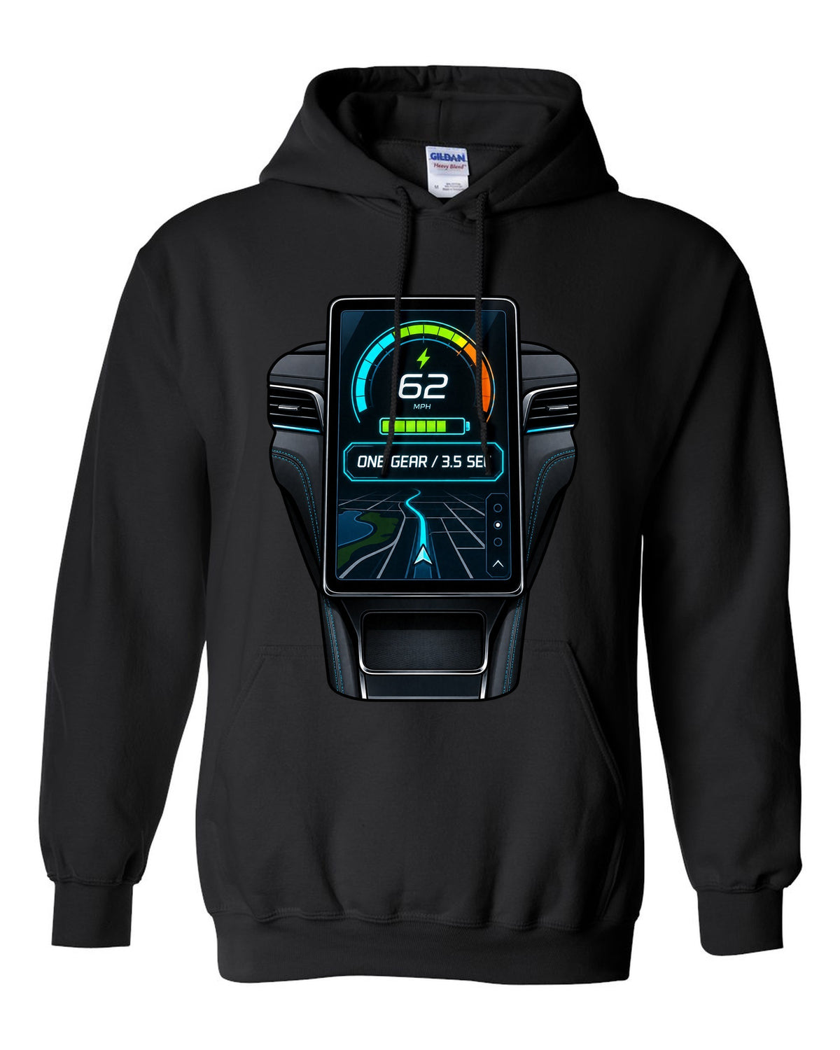 Round embroidery-style crest print for the 2020 Mustang Mach-E CX727 reading 88 kWh Extended Range black pull over hoodie front view with the design