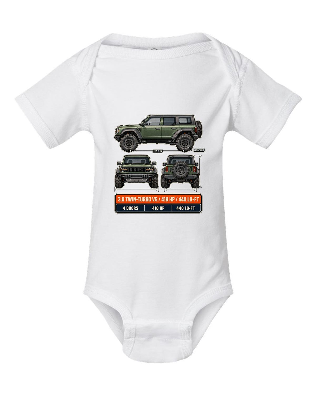 Ford Bronco Raptor three-view drawing with spec table print white baby onesie front view with the design