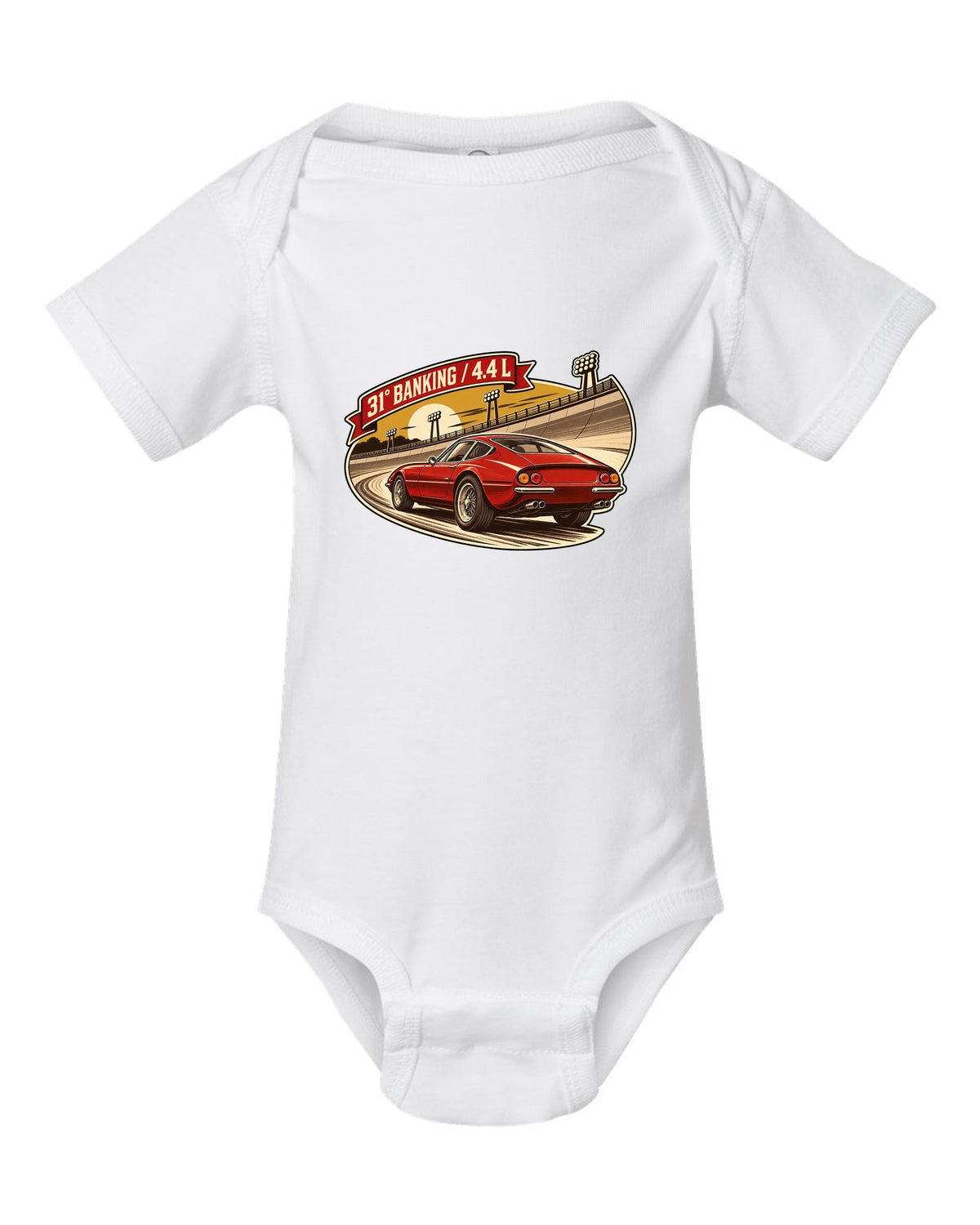 Sepia retro race-programme illustration of three Ferrari 365 GTB/4 Daytonas on banking white baby onesie front view with the design