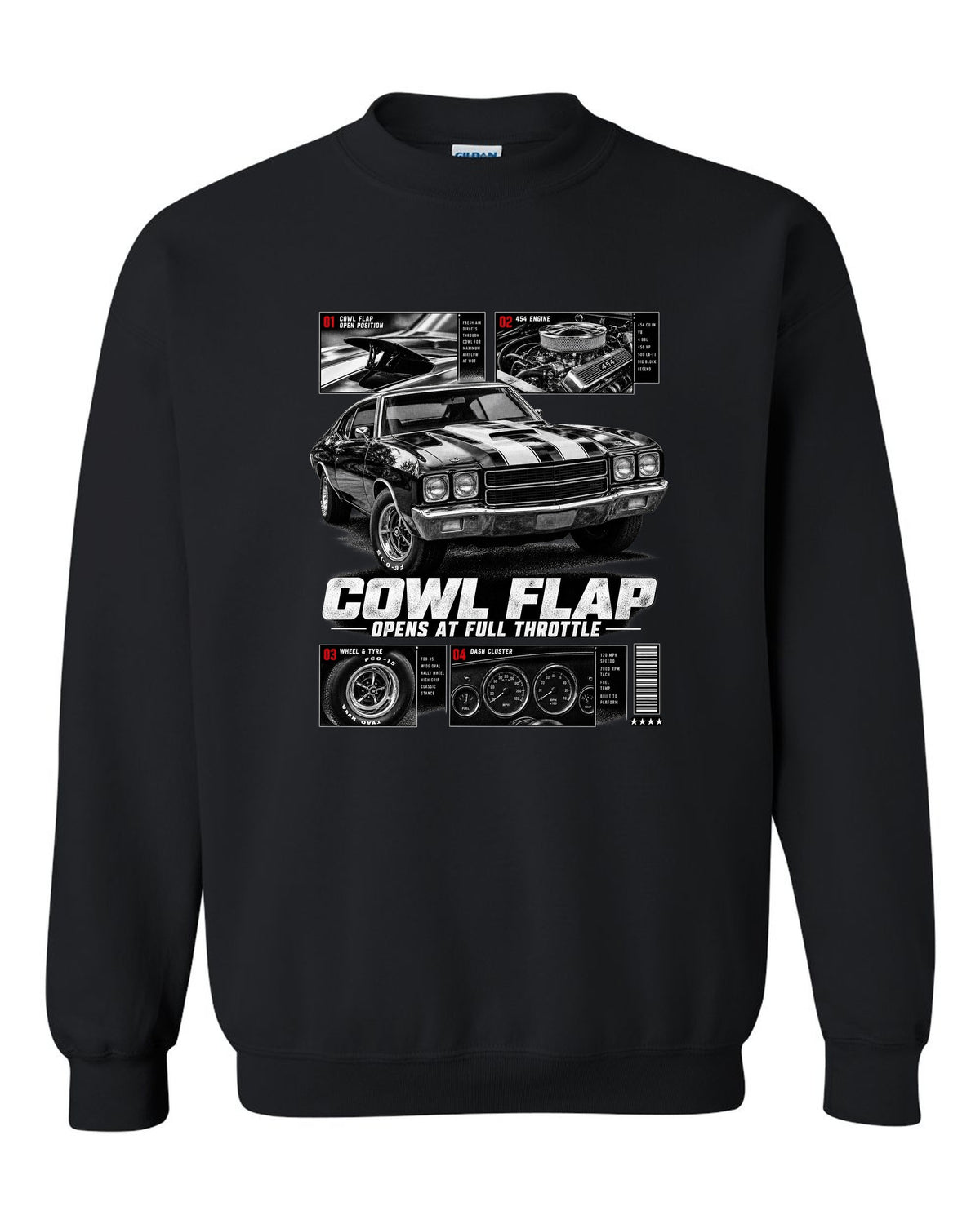 1970 Chevelle SS 454 dossier panel print with cowl flap detail black crewneck front view with the design