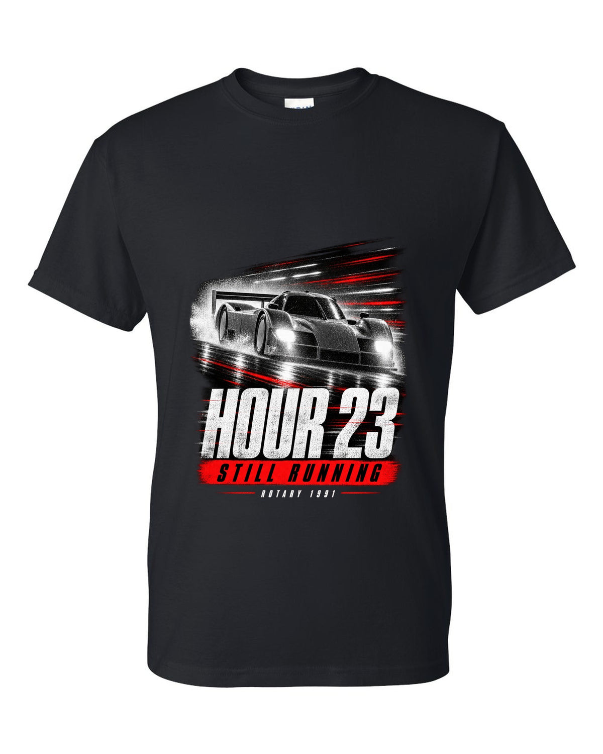 Cropped Mazda 787B race poster reading hour 23 still running rotary 1991 black t-shirt front view with the design