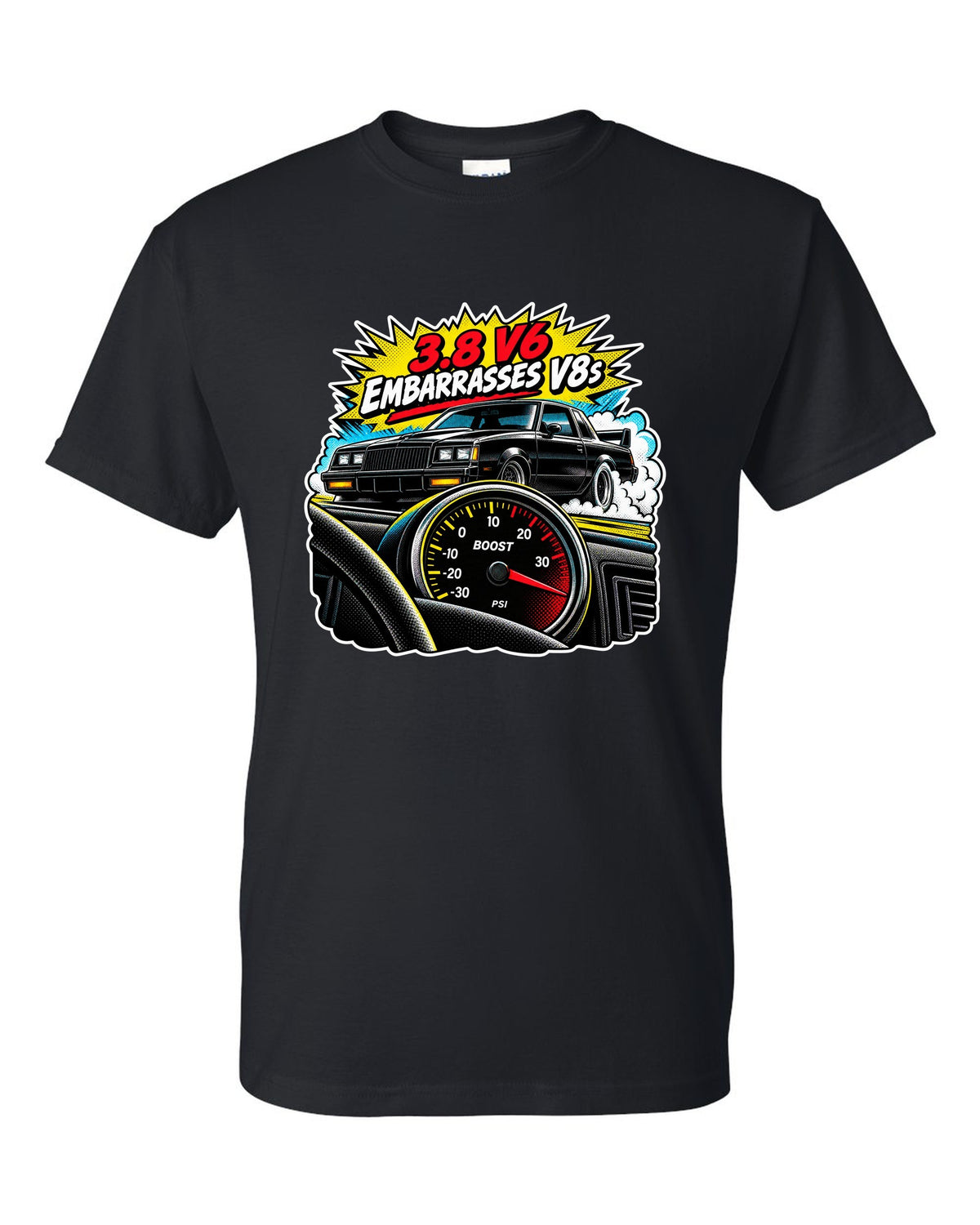 Comic halftone pop-art illustration of a 1987 Buick Grand National with boost gauge and V6 lettering black t-shirt front view with the design
