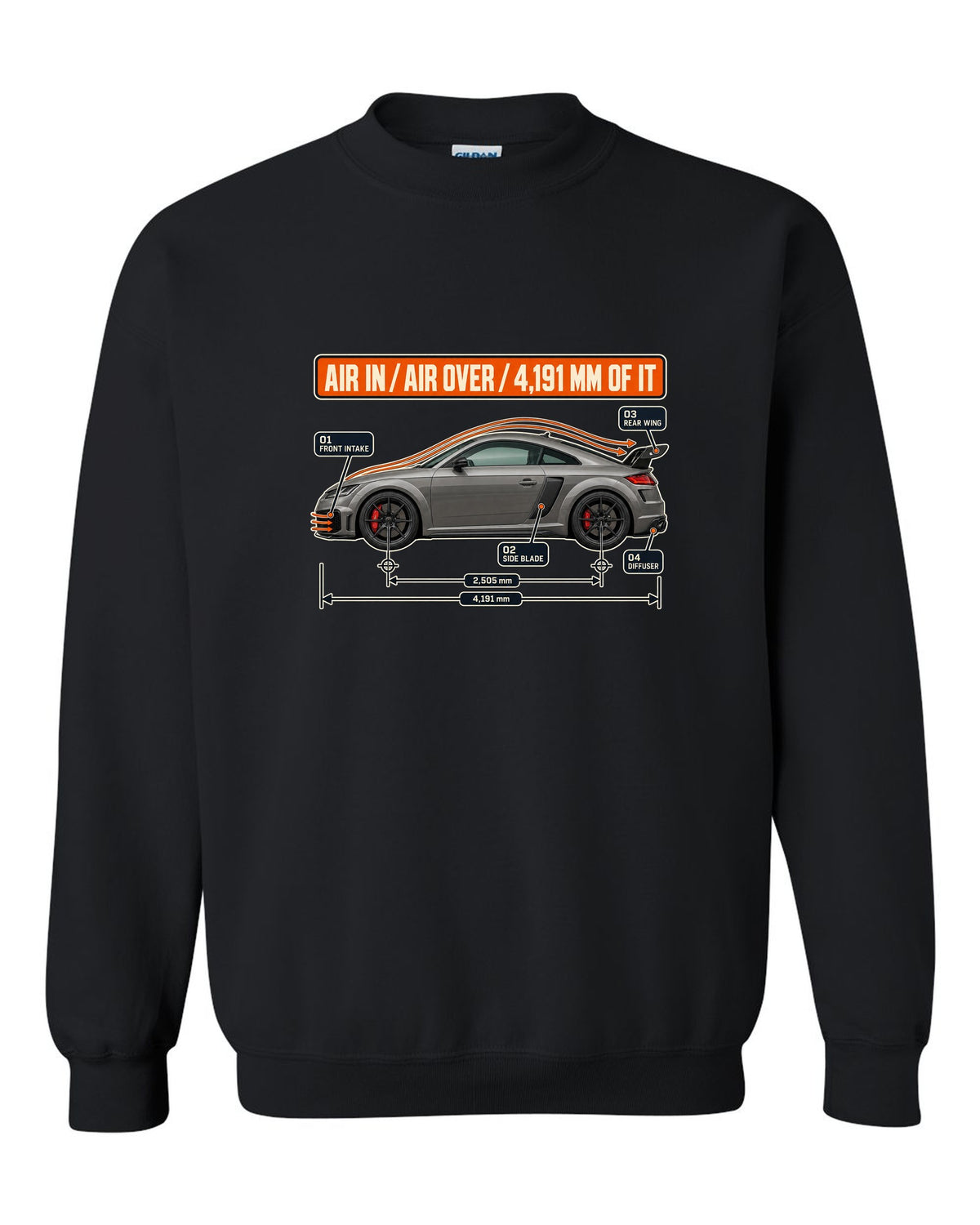Audi TT RS facelift aero cutaway diagram with airflow callouts print black crewneck front view with the design