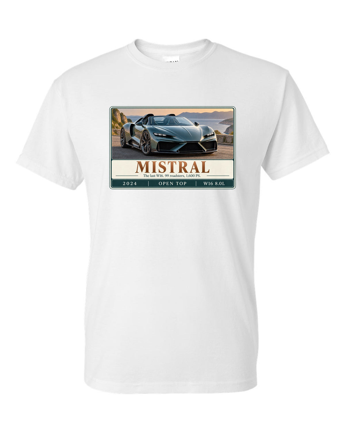 Bugatti Mistral roadster editorial headline print about the last W16 white t-shirt front view with the design