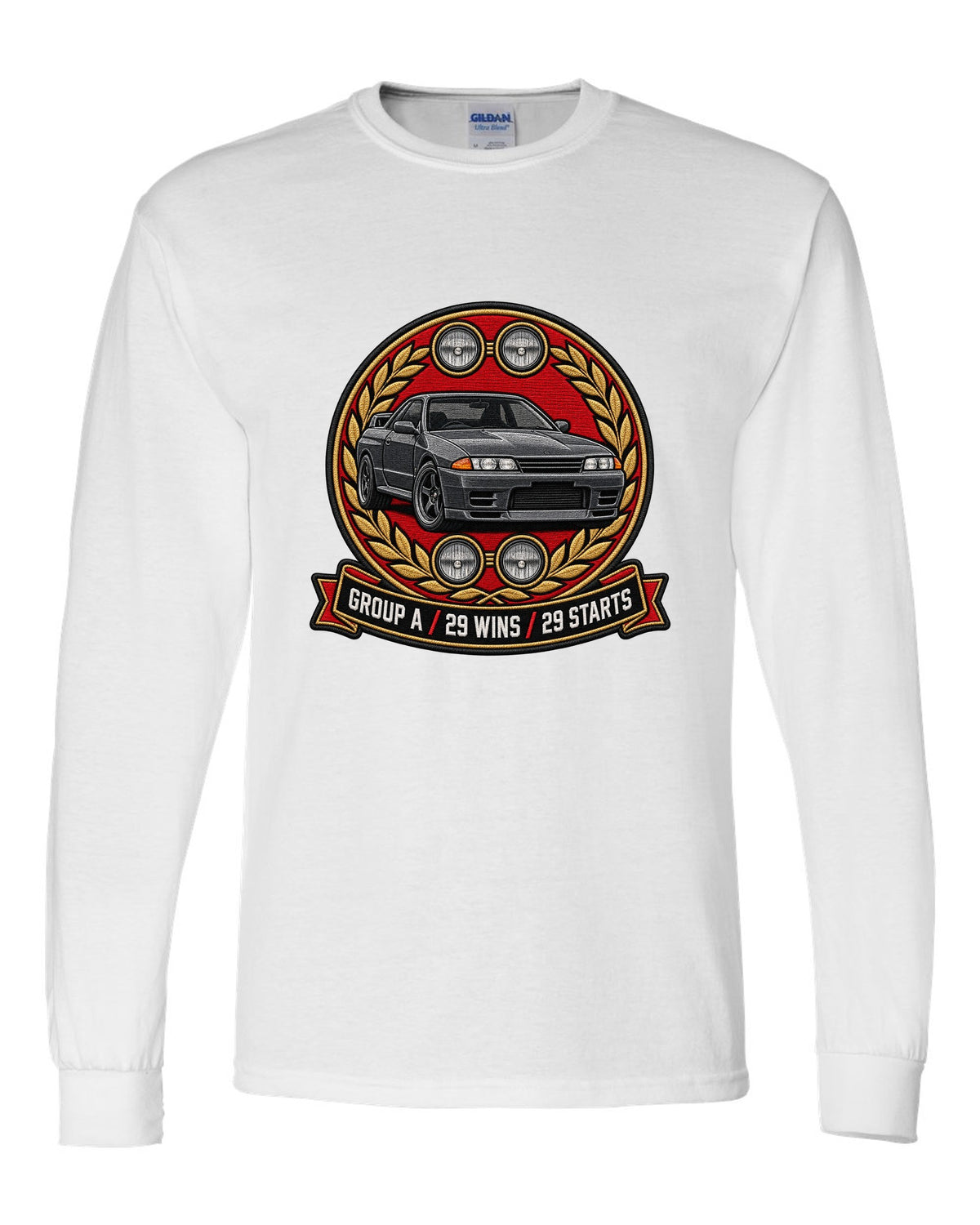 Embroidery-style round crest print for the Nissan Skyline GT-R R32 BNR32 with Group A 29 wins text white long sleeve front view with the design