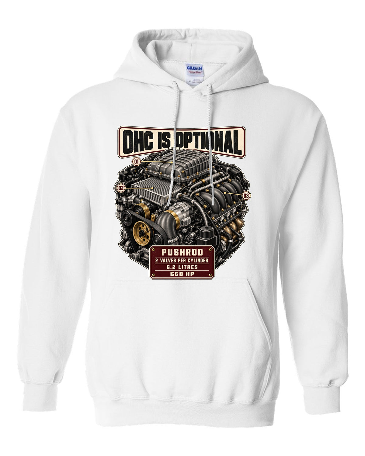 print of the Cadillac LT4 6.2L supercharged V8 engine from the CT5-V Blackwing white pull over hoodie front view with the design
