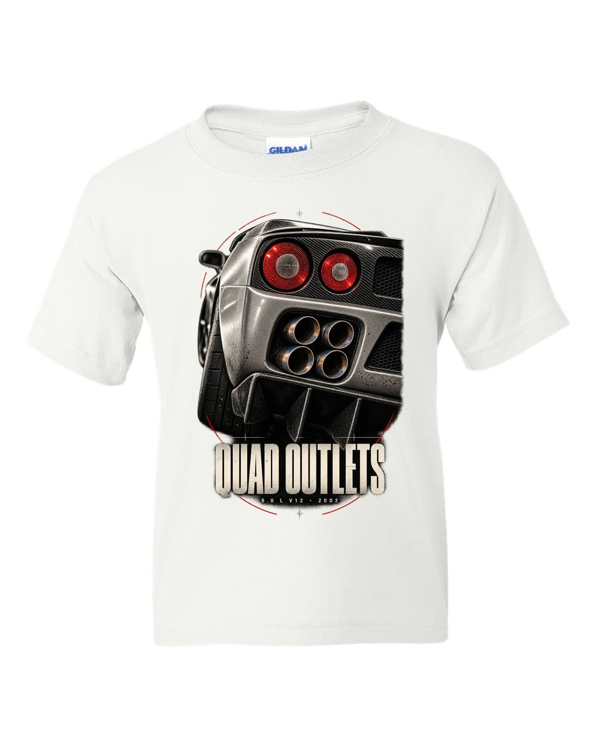 Ferrari Enzo 2002 rear detail macro print of four exhaust outlets, 6.0 L V12 white kids tee front view with the design