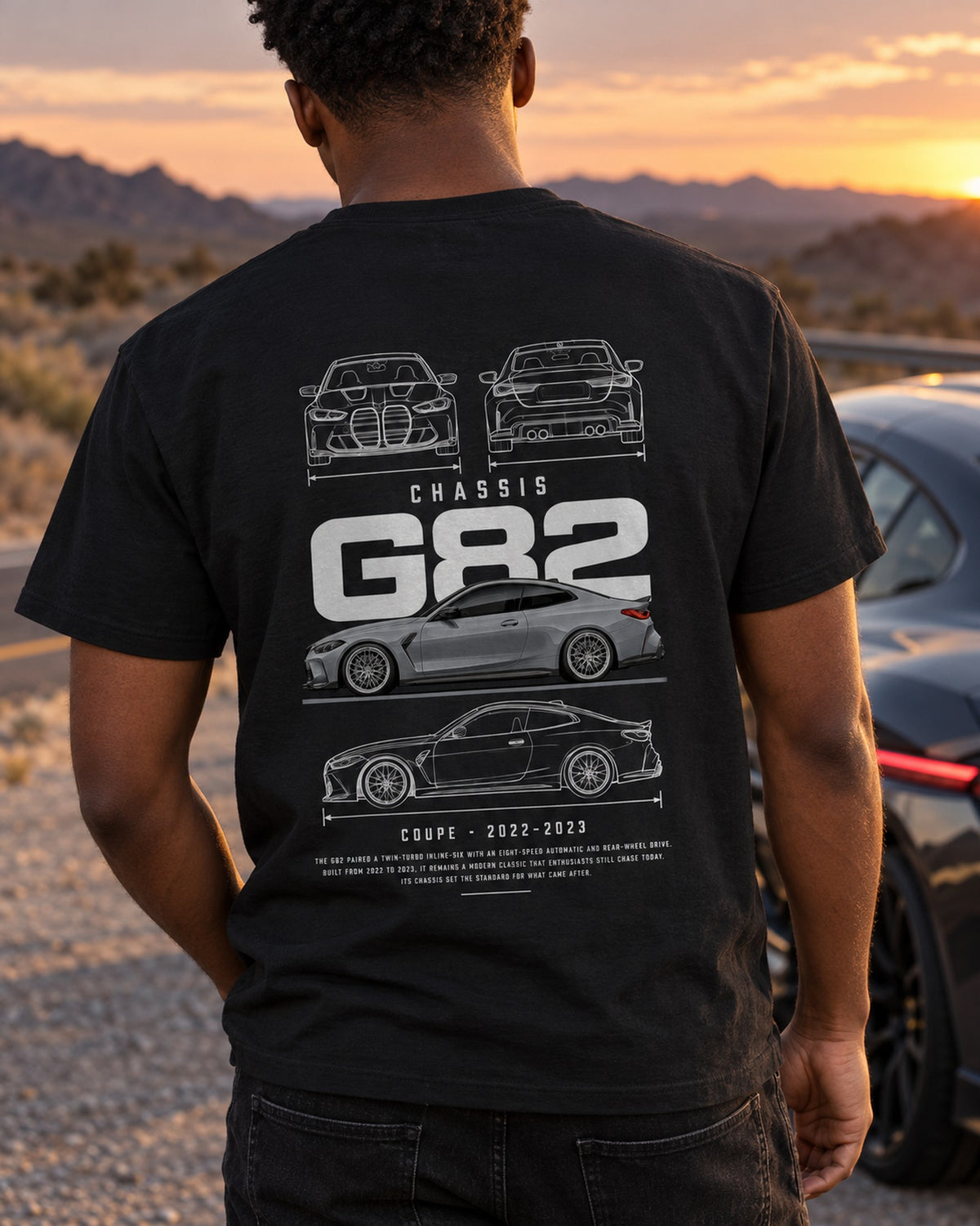 BMW G82 M4 CSL coupe Blueprint Full-Back Graphic Tee, G82 Chassis Code T-Shirt Black worn hero