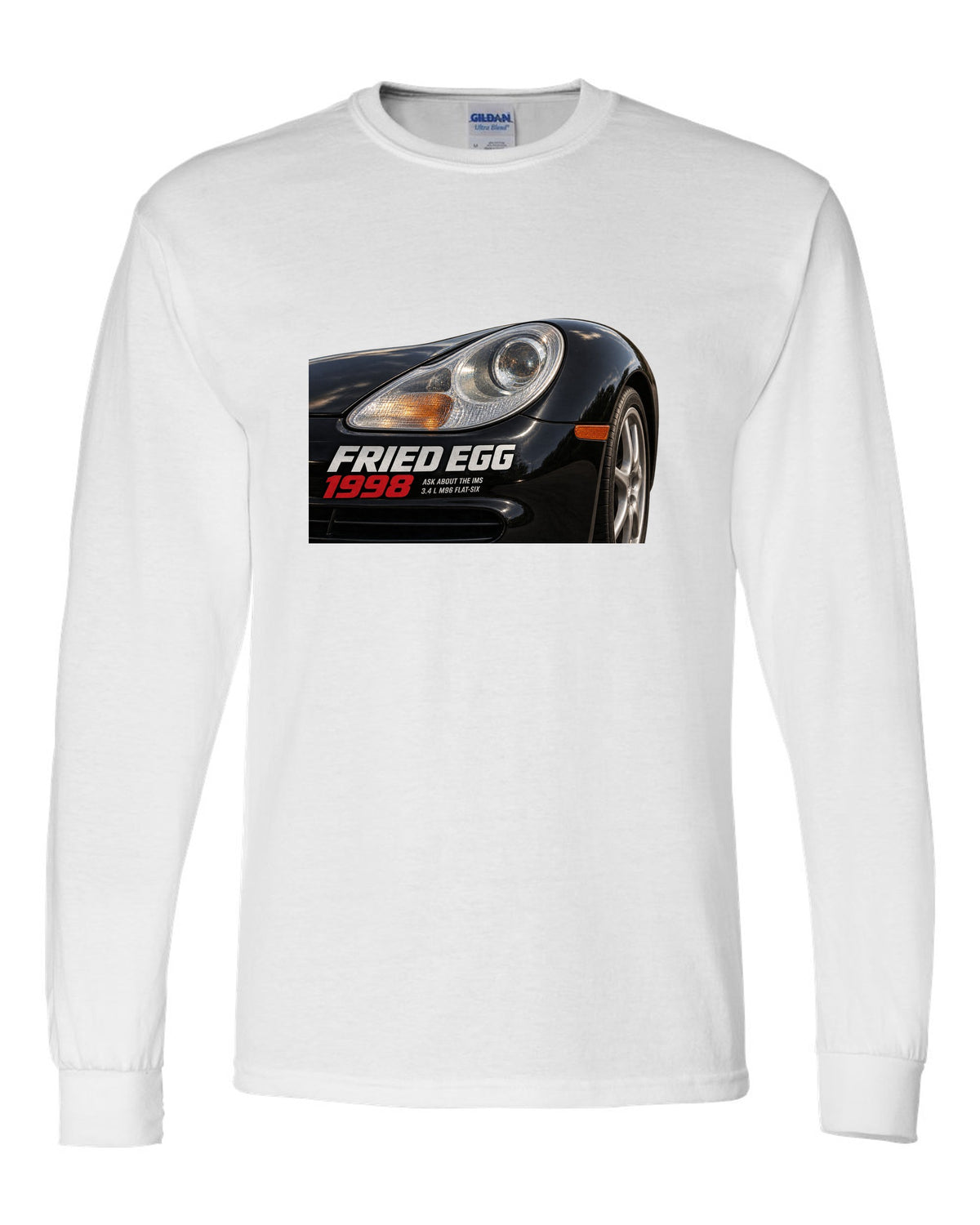 Close-up detail print of the Porsche 911 996 Fried Egg lamp with IMS joke text white long sleeve front view with the design