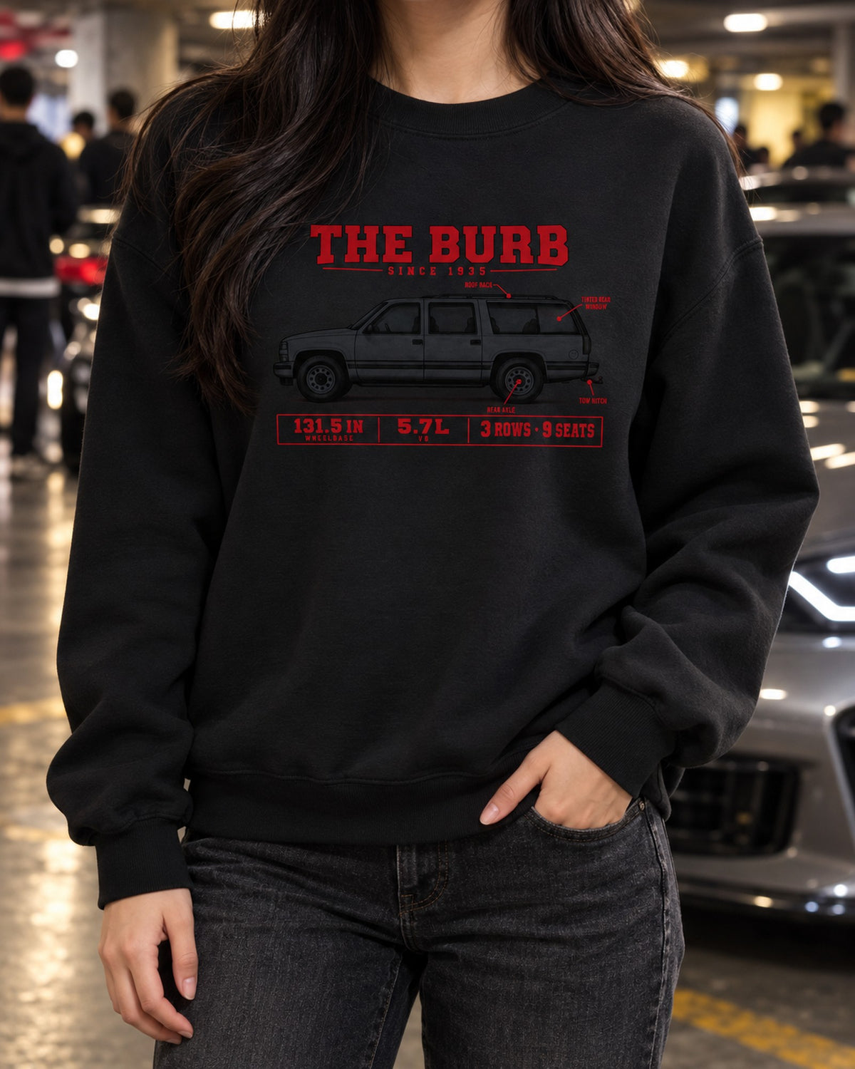 Chevy Suburban GMT400 Spec Poster Shirt, 131.5 in Wheelbase Crewneck Black worn hero