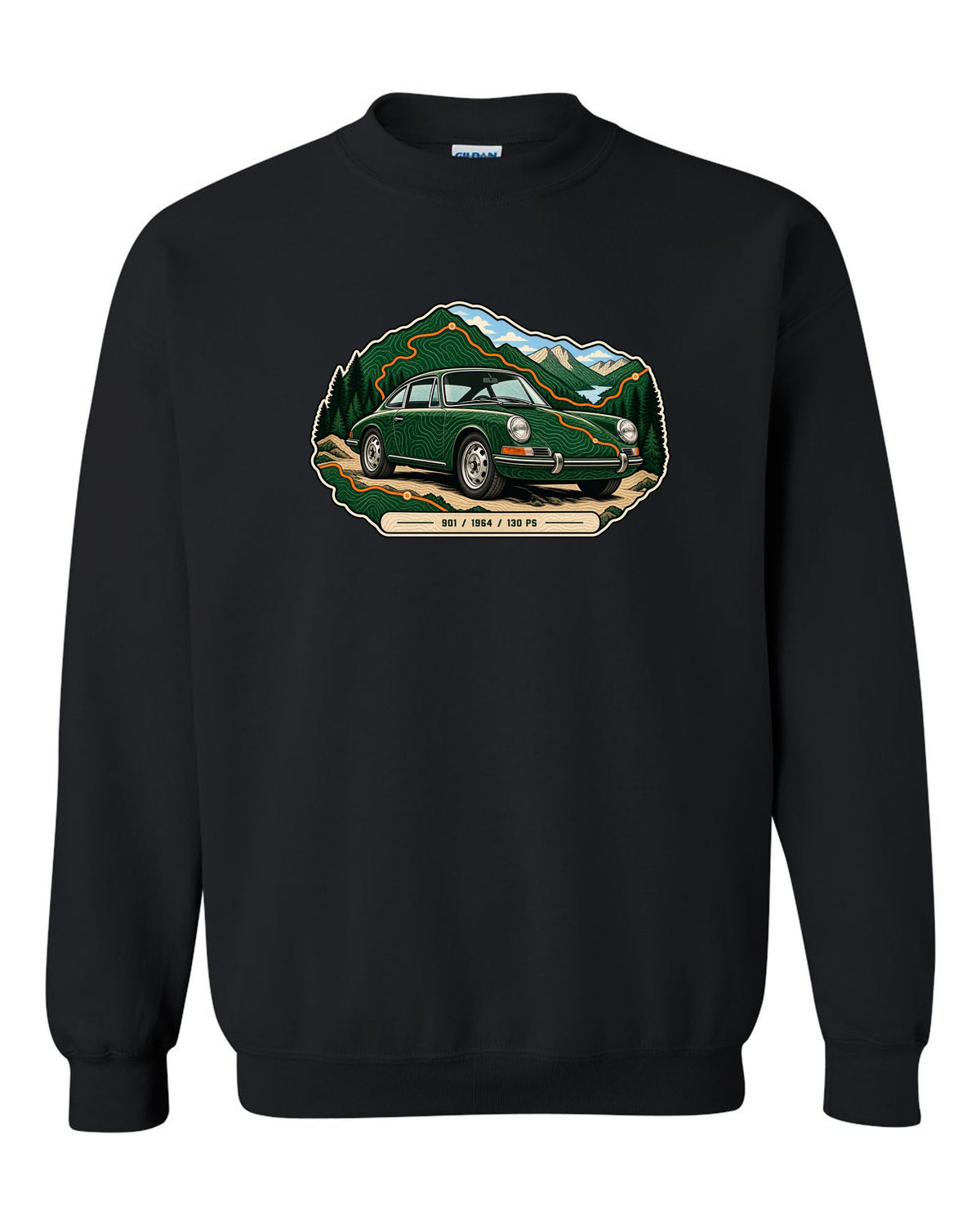 Porsche 993 RS engine bay data plate spec sheet design with 3.8 and 300 PS text black crewneck front view with the design