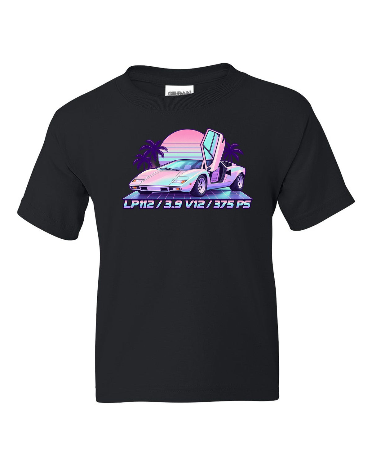 Pastel vaporwave Lamborghini Countach LP400 with LP112, 3.9 V12 and 375 PS lettering black kids tee front view with the design