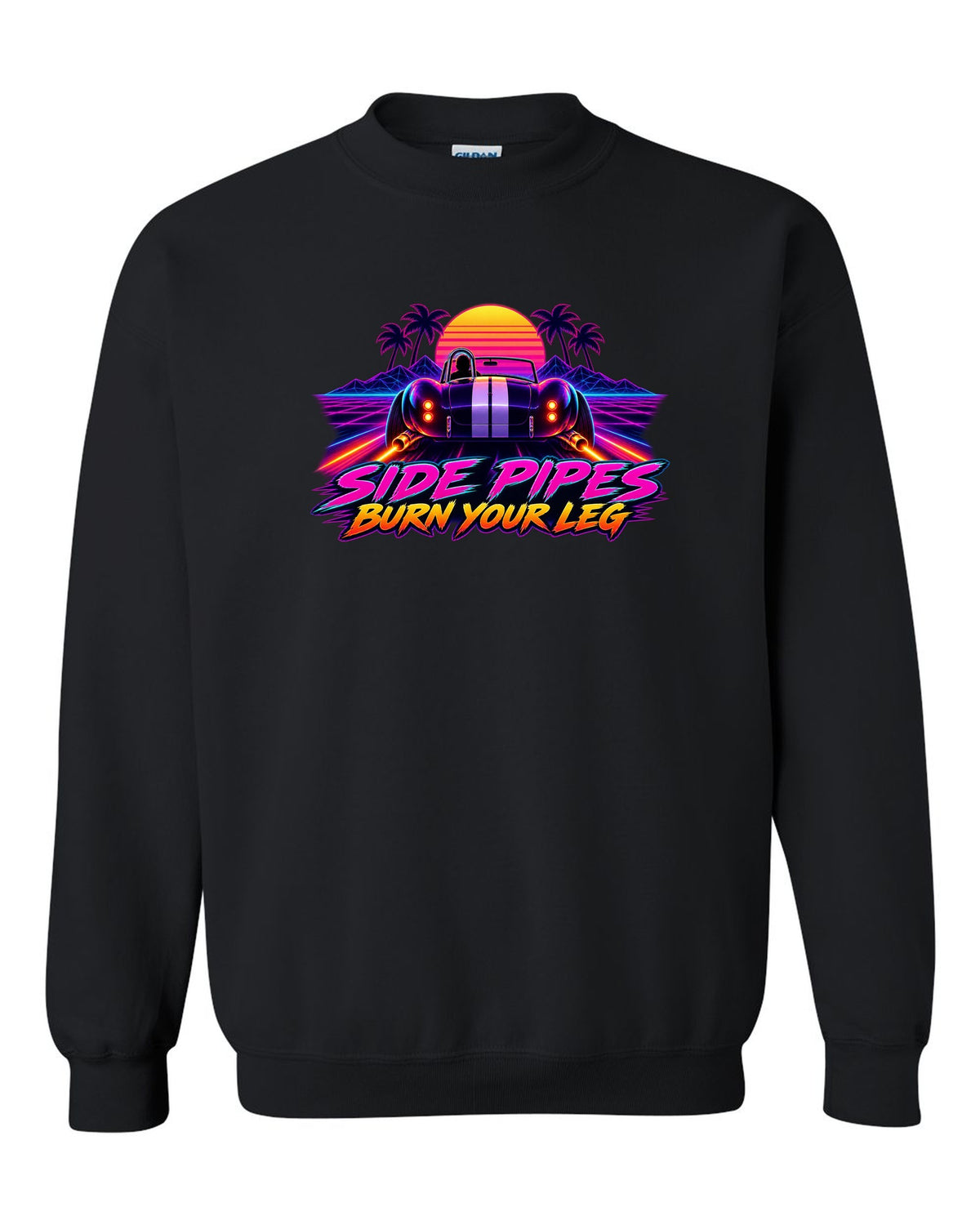 Shelby Cobra 427 Side Pipes Synthwave Outrun black crewneck front view with the design