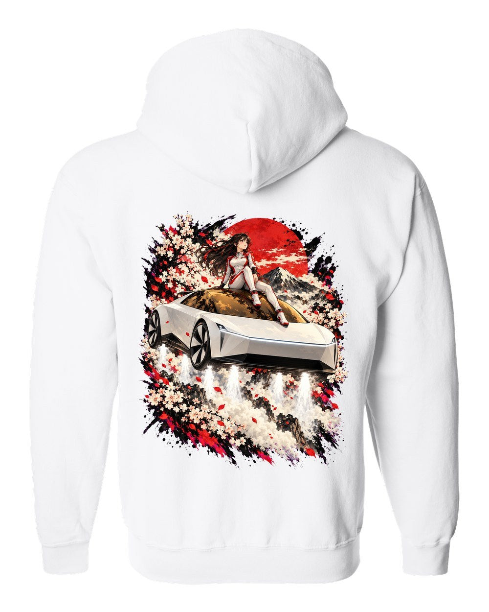 Tesla Roadster Rooftop Anime Girl Zip Hoodie White back