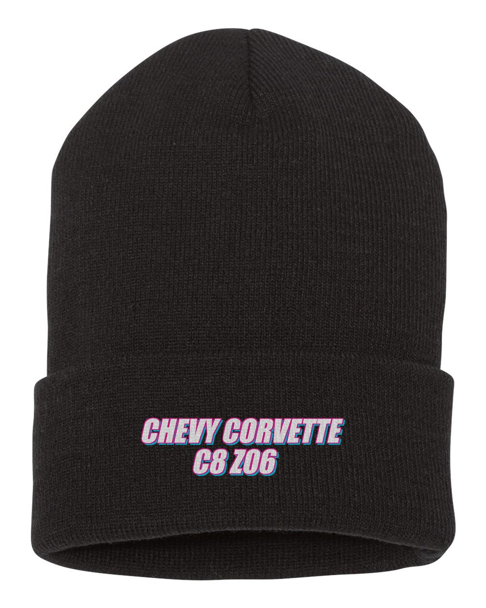 Chevy Corvette C8 Z06 black beanie front view with car name