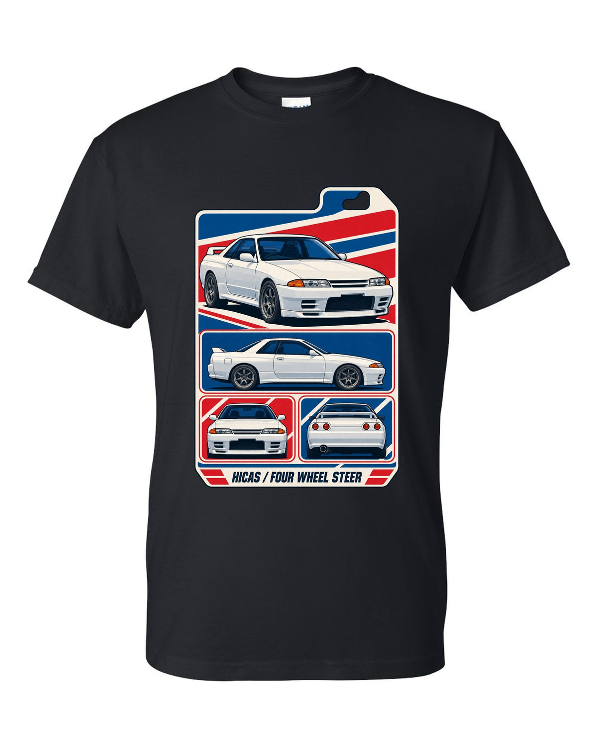 Varsity shield crest print for the Nissan Skyline GT-R R34 reading Allegedly 280 PS, Sure black t-shirt front view with the design