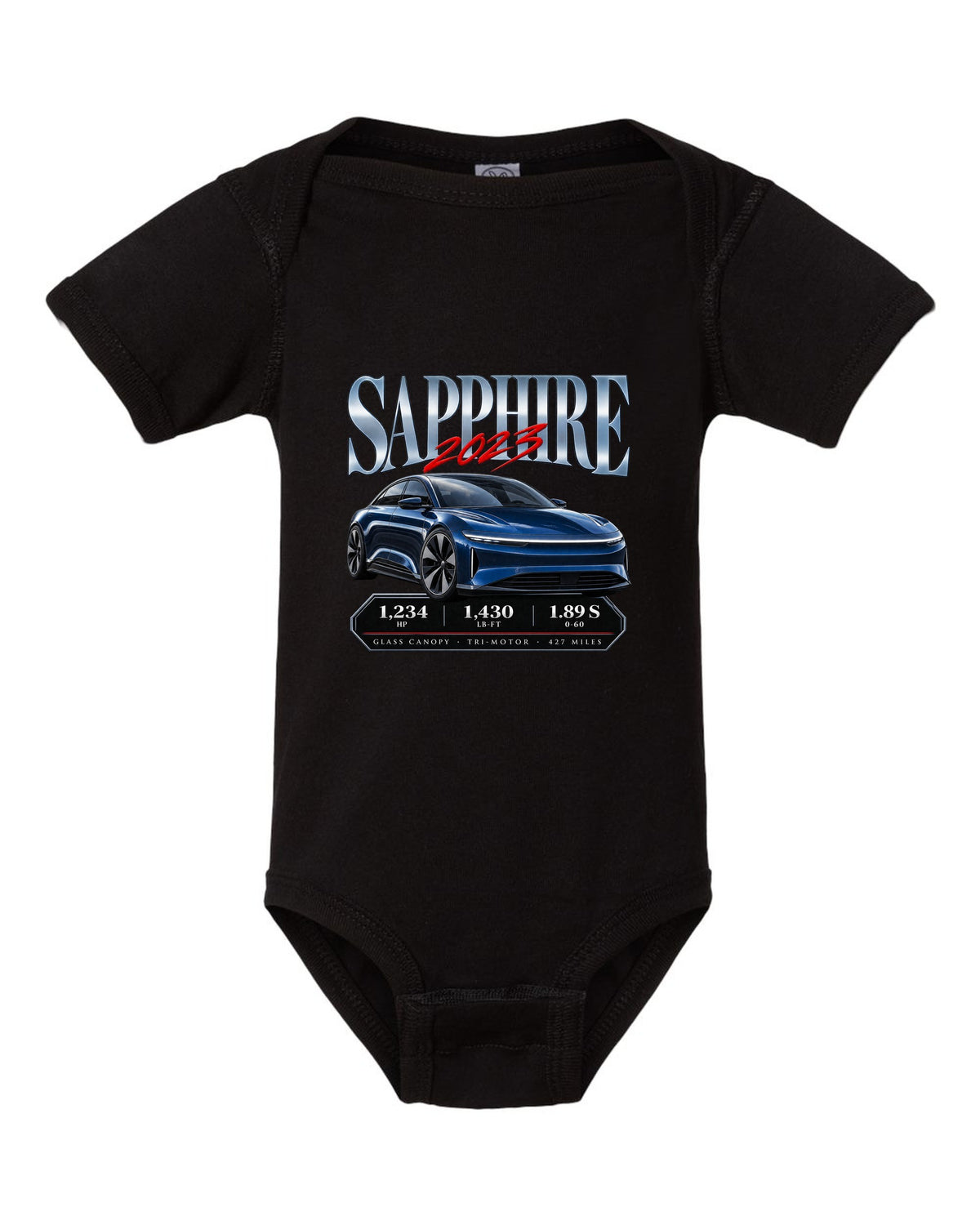 Archive panel print of a 2023 Lucid Air Sapphire with horsepower and range figures black baby onesie front view with the design