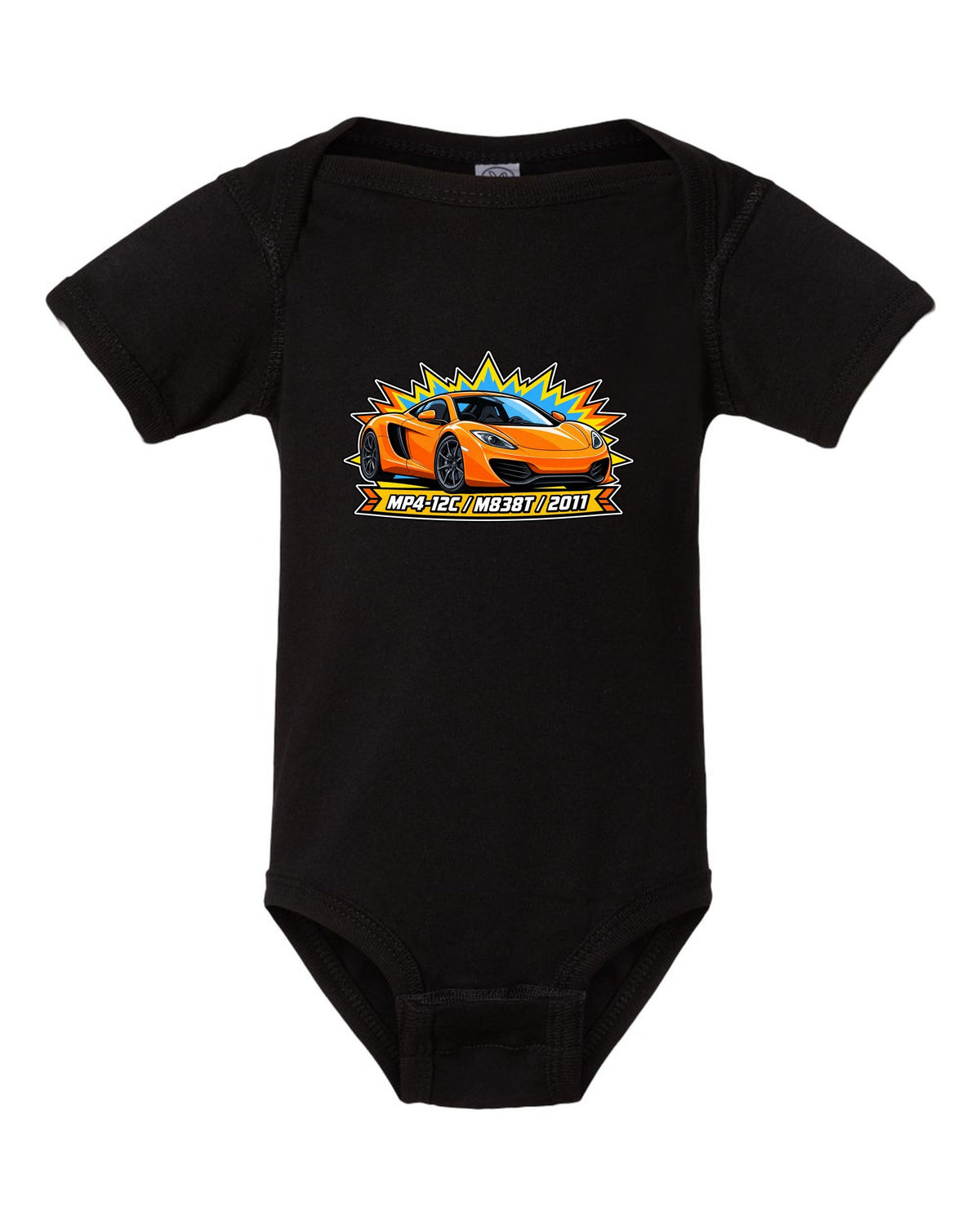 Toy blister card print of a McLaren 12C with MP4-12C, M838T and 2011 lettering black baby onesie front view with the design