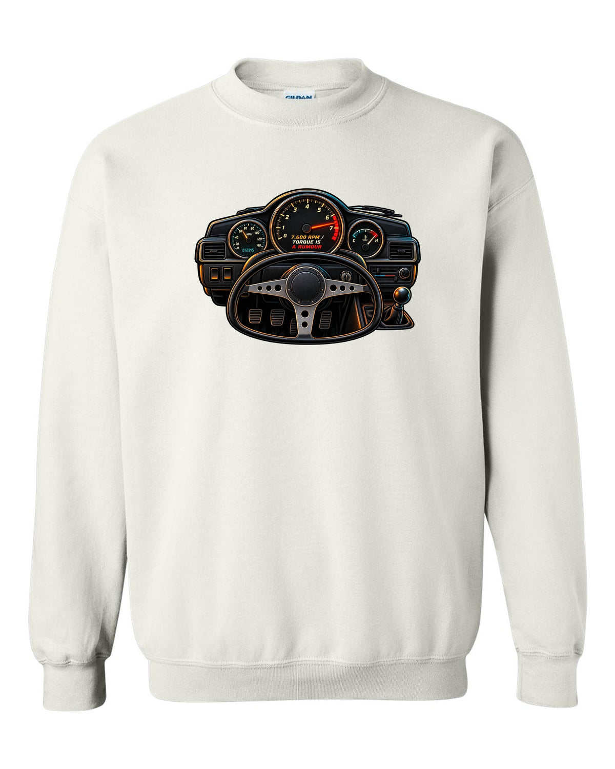 Linocut woodcut-style Toyota Corolla Levin AE86 with garage Saturday slogan white crewneck front view with the design