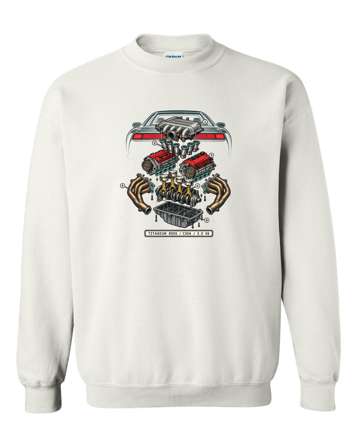 Isometric engine schematic print for the Honda NSX NA1 C30A with titanium rods text white crewneck front view with the design