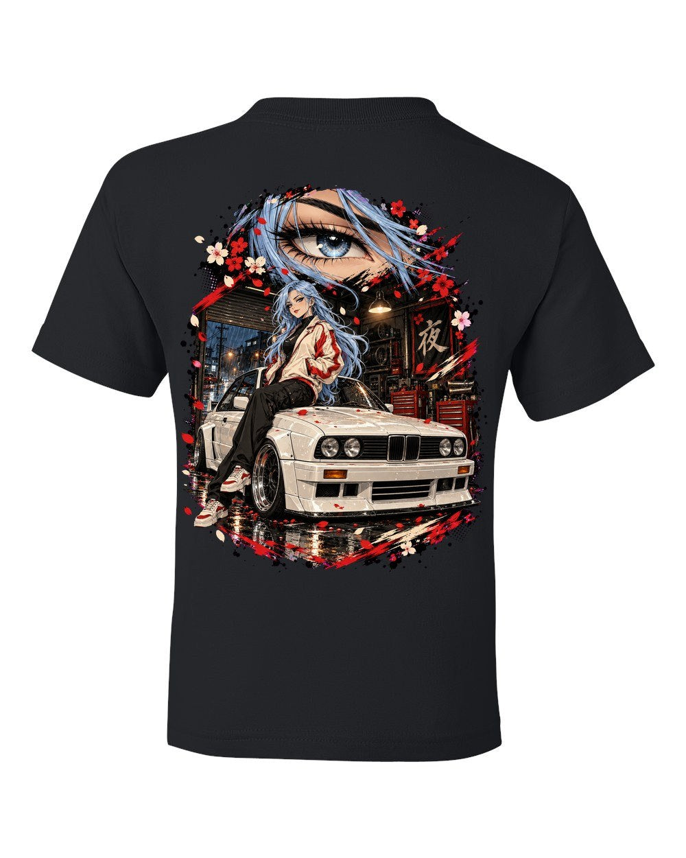 BMW M3 E30 Anime Girl Kids Tee Black back