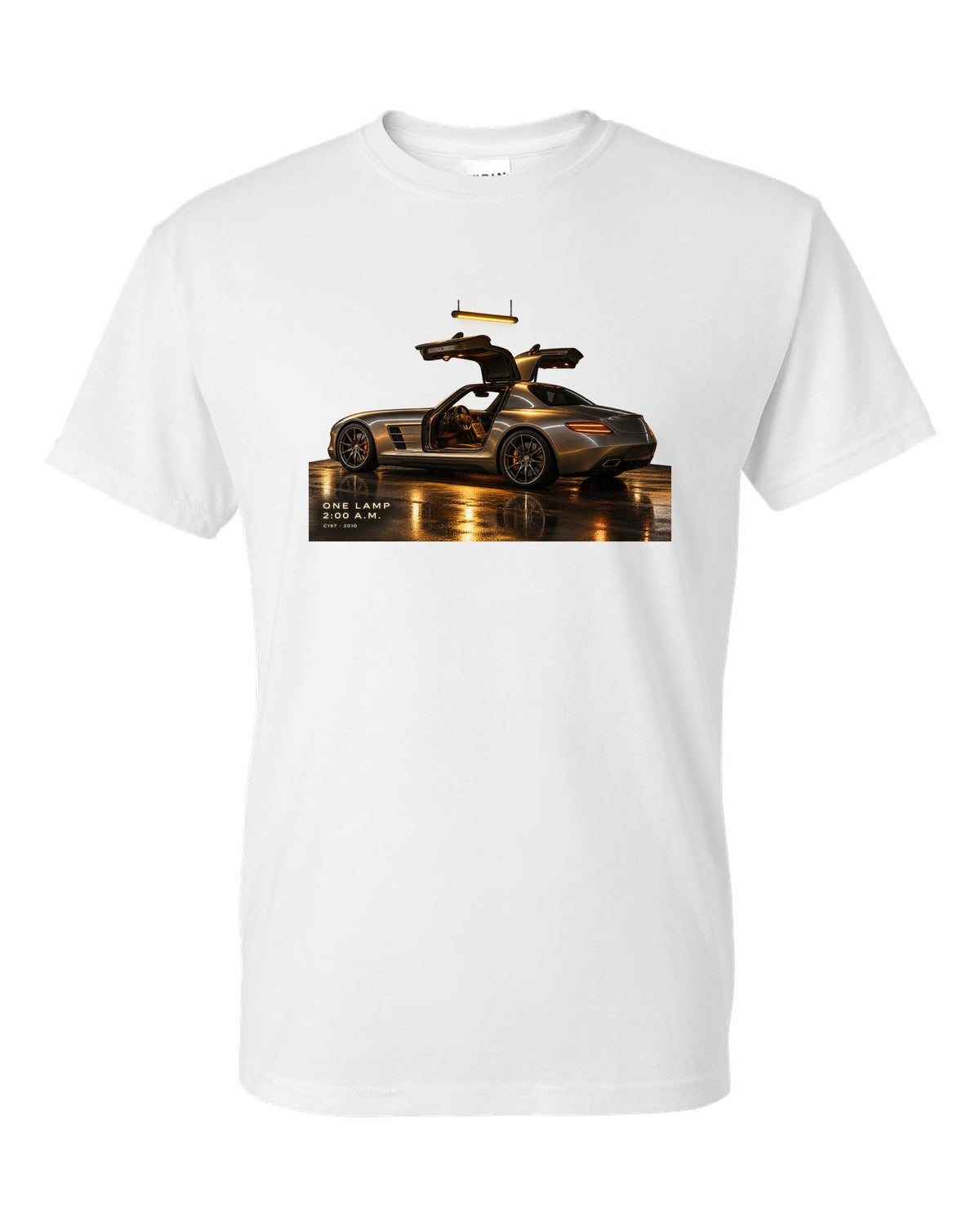 Garage night print of a Mercedes SLS AMG C197 under one lamp with 2:00 A.M. lettering white t-shirt front view with the design