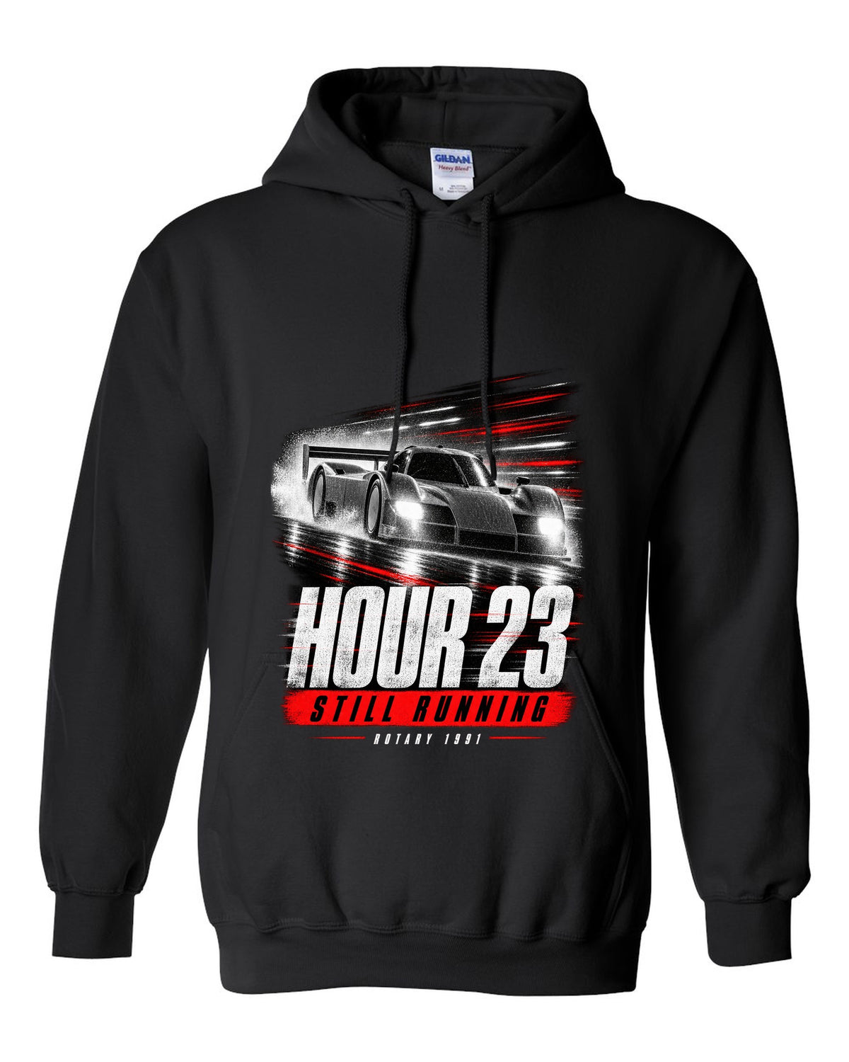 Cropped Mazda 787B race poster reading hour 23 still running rotary 1991 black pull over hoodie front view with the design