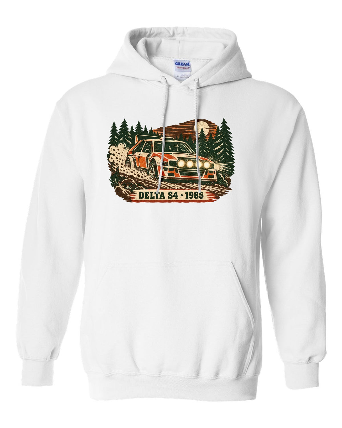 Multi-block linocut print of a 1985 Lancia Delta S4 on a forest rally stage white pull over hoodie front view with the design