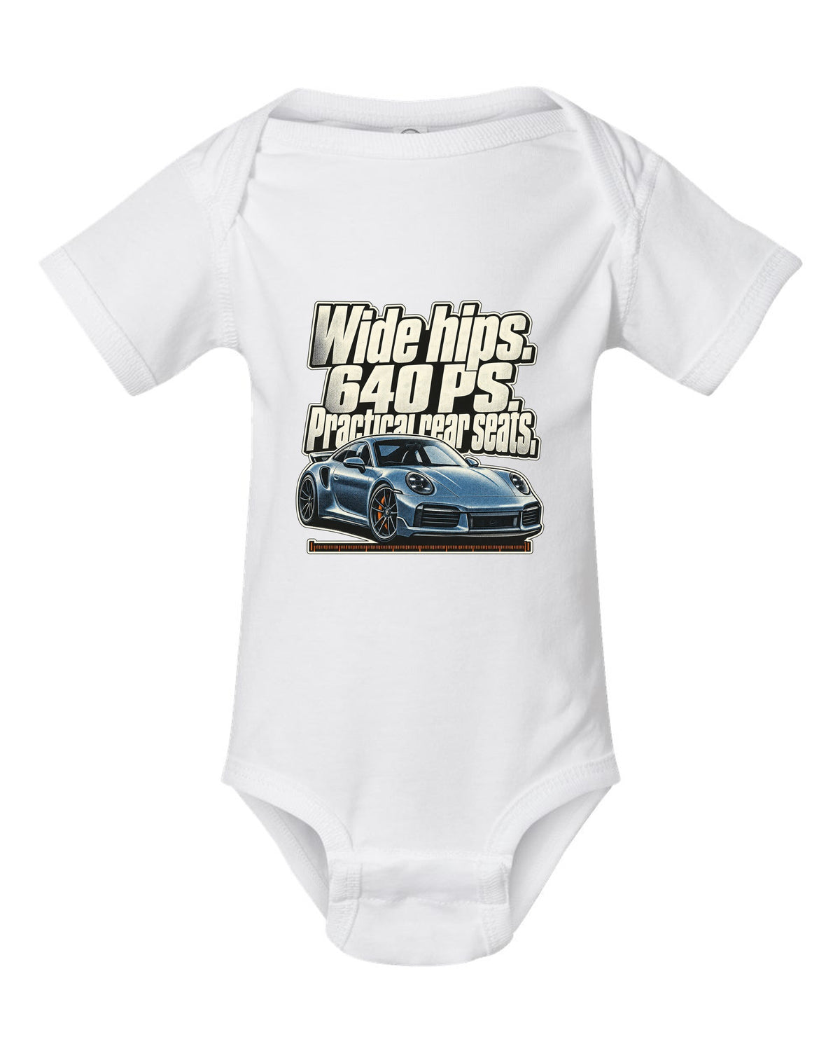 Halftone print of a Porsche 911 Turbo S 992 coupe with a three-line statement white baby onesie front view with the design