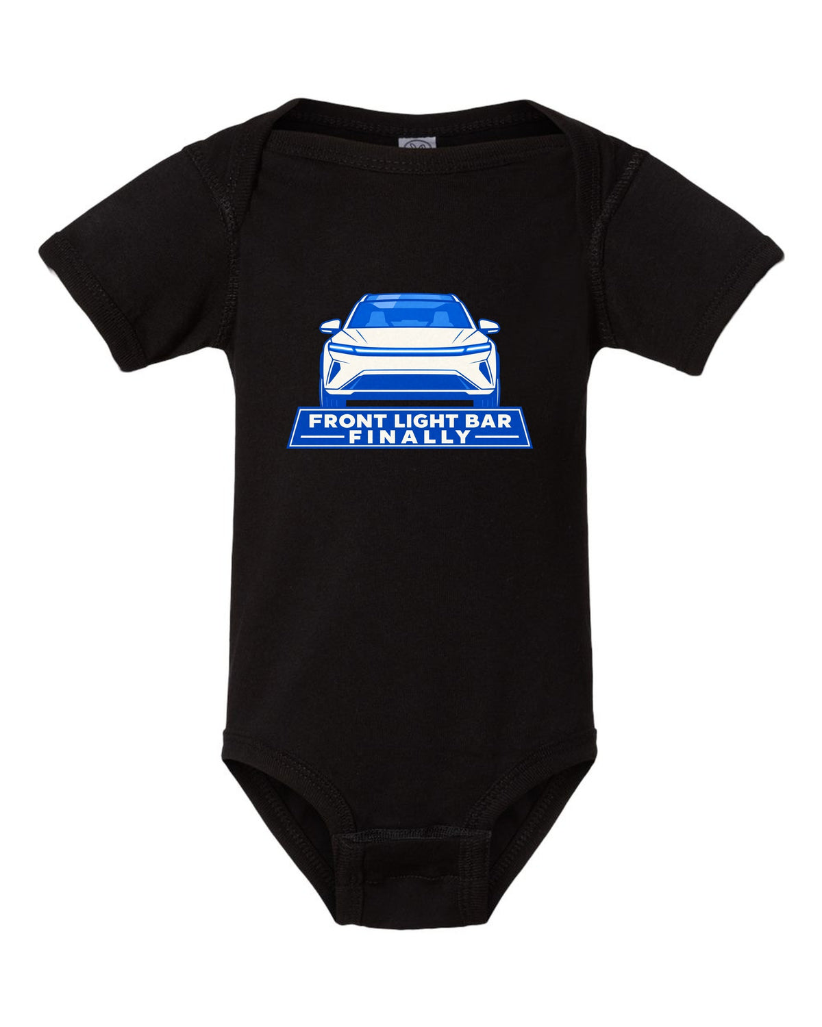 Minimal geometric flat vector print of a Tesla Model Y Juniper with the text Front Light Bar Finally black baby onesie front view with the design