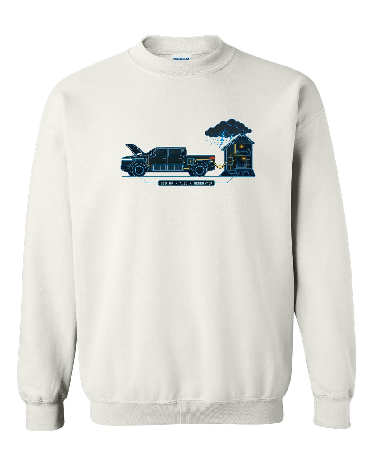 Ford F-150 Lightning electrical schematic diagram print with 580 HP and generator text white crewneck front view with the design