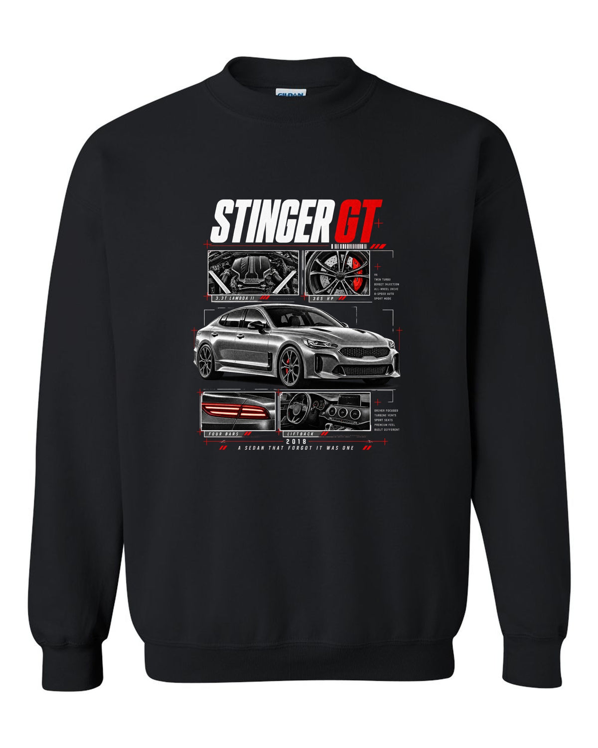 Kia Stinger GT dossier panels with 3.3T engine and liftback details black crewneck front view with the design