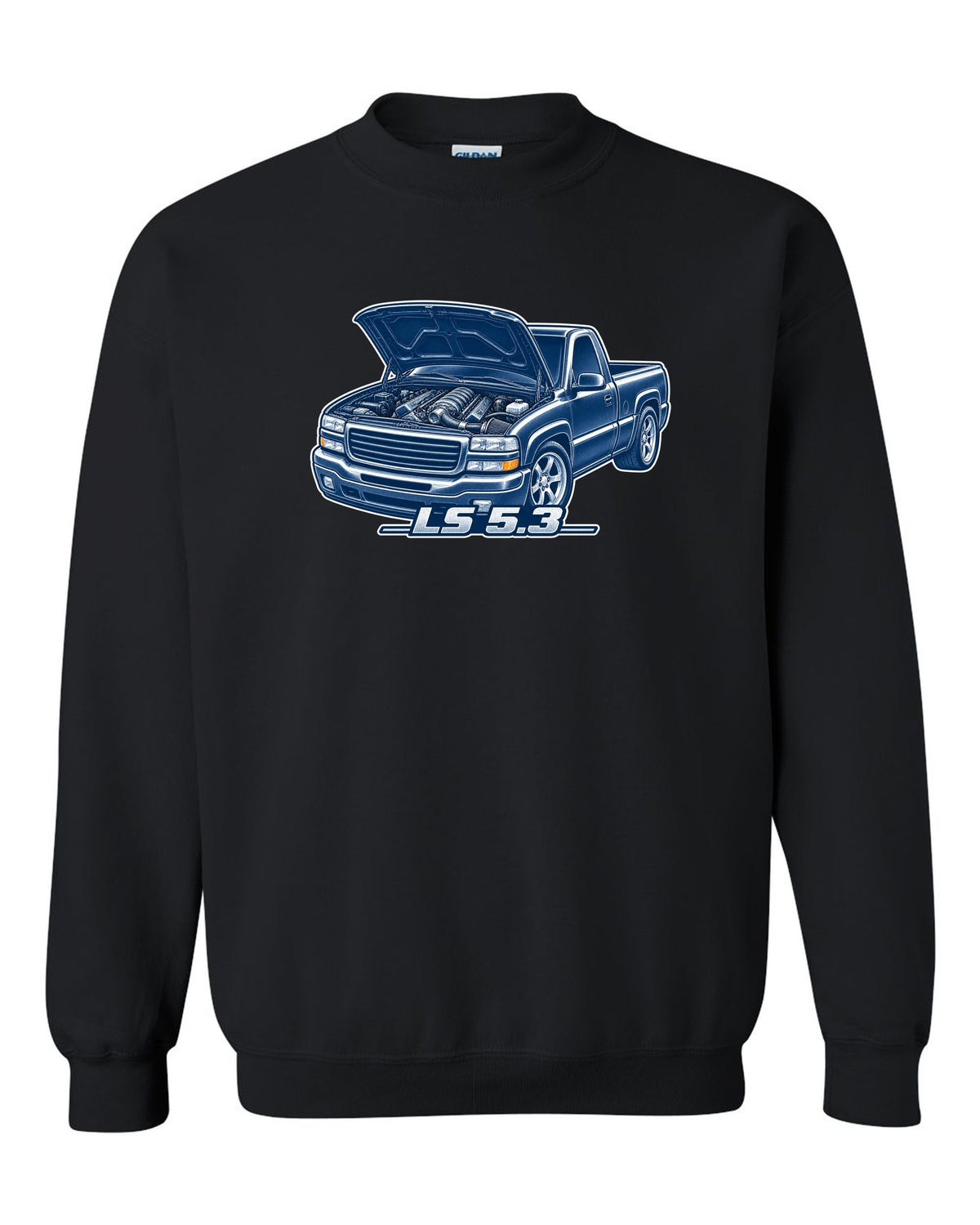 Cyanotype negative blueprint print of a 1999-2006 Chevrolet GMT800 NBS Silverado with LS 5.3 text black crewneck front view with the design