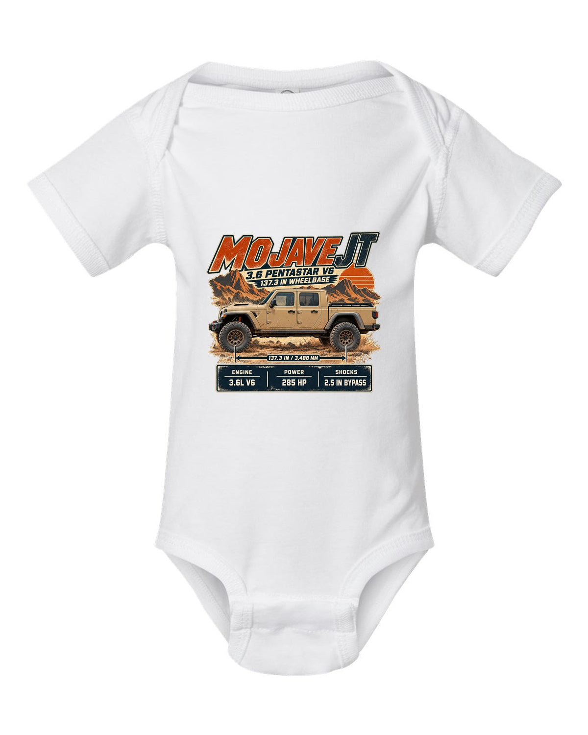 Spec poster print for the Jeep Gladiator Mojave JT with engine and wheelbase white baby onesie front view with the design