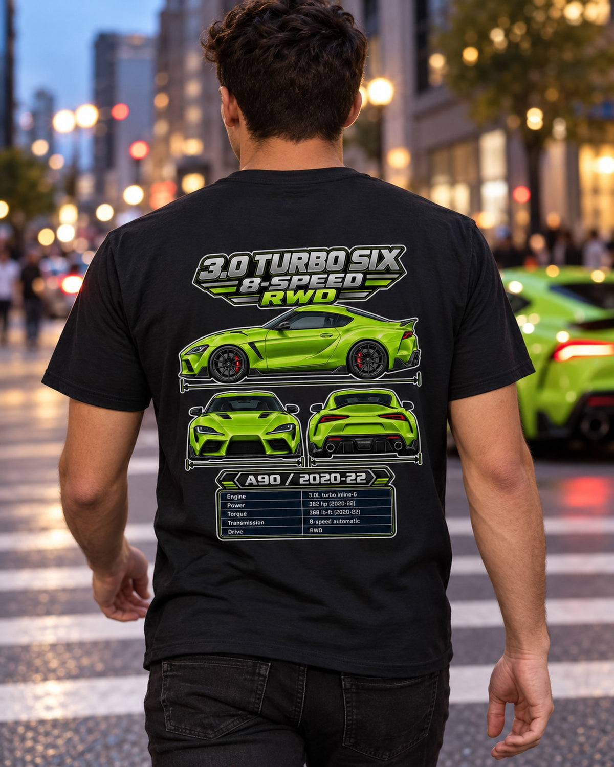 Toyota GR Supra A90 Spec Sheet Full-Back Graphic Tee T-Shirt Black worn hero
