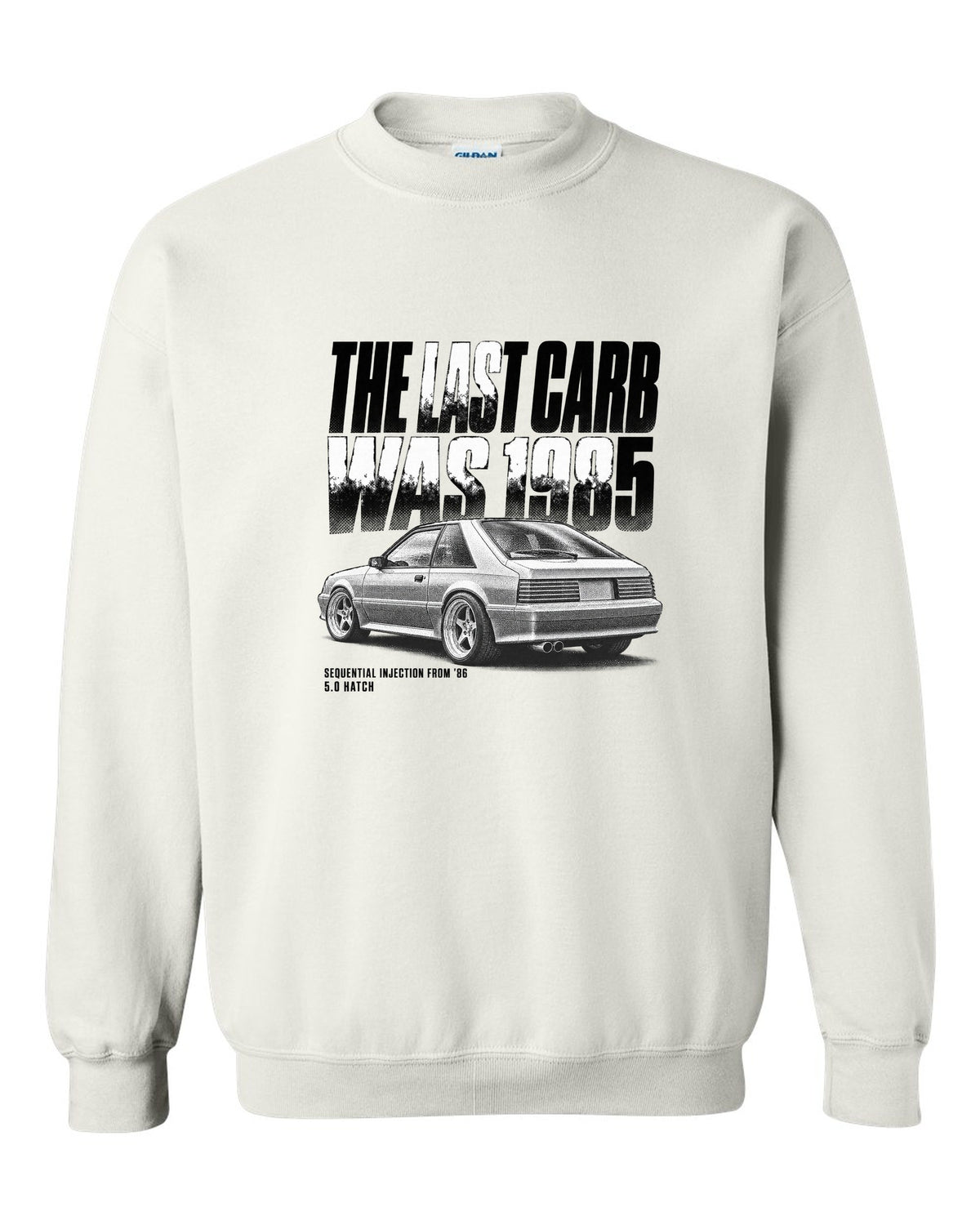 Halftone print of a 1986-89 Ford Mustang Fox Body GT chback white crewneck front view with the design
