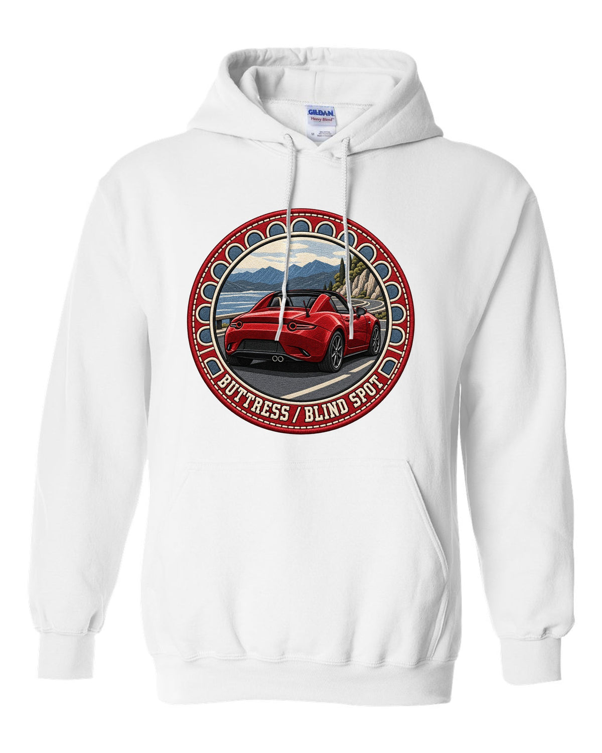 Embroidery-style roundel crest of a Mazda MX-5 ND RF fastback with blind spot text white pull over hoodie front view with the design
