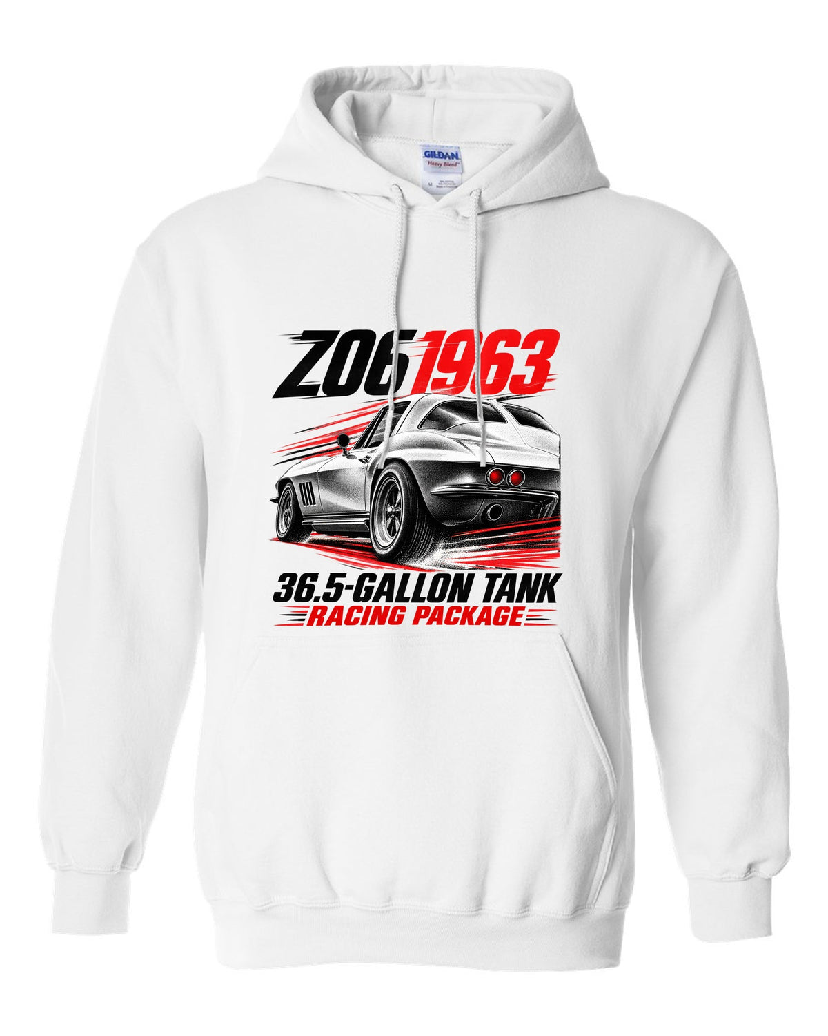 Corvette C2 Sting Ray 1963 Z06 racing package race poster white pull over hoodie front view with the design