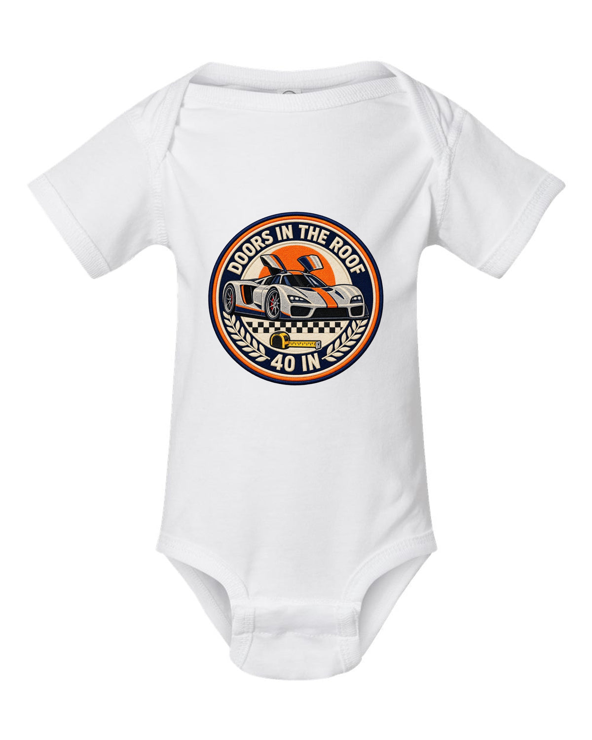 Round crest design for the Ford GT40 Mk II with doors in the roof lettering white baby onesie front view with the design