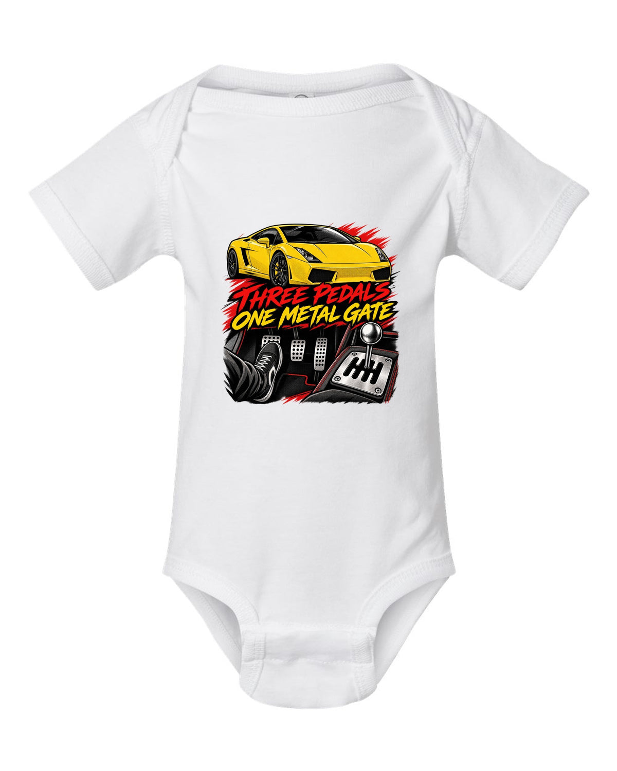 Retro black-ink manga panel of a Lamborghini Gallardo coupe with a gated six-speed manual shifter white baby onesie front view with the design
