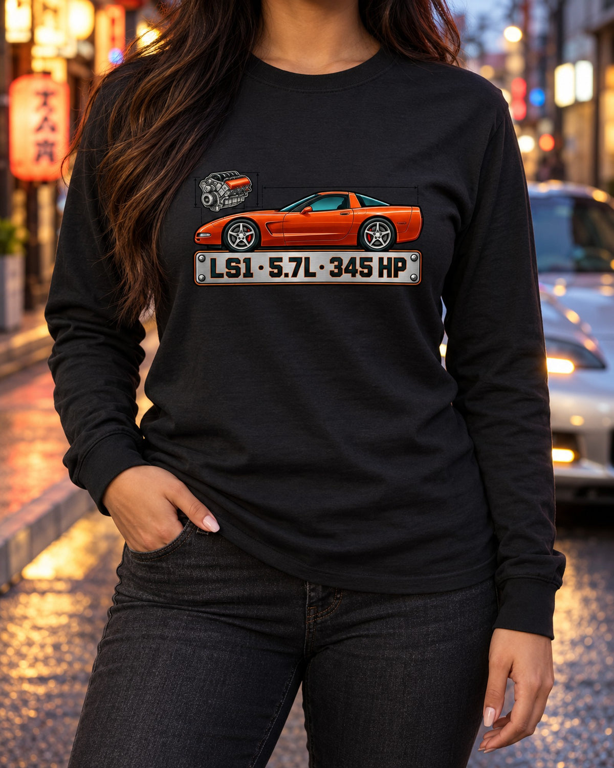 Chevrolet Corvette C5 LS1 Spec Plate Shirt, Car Guy Gift Long Sleeve Black worn hero